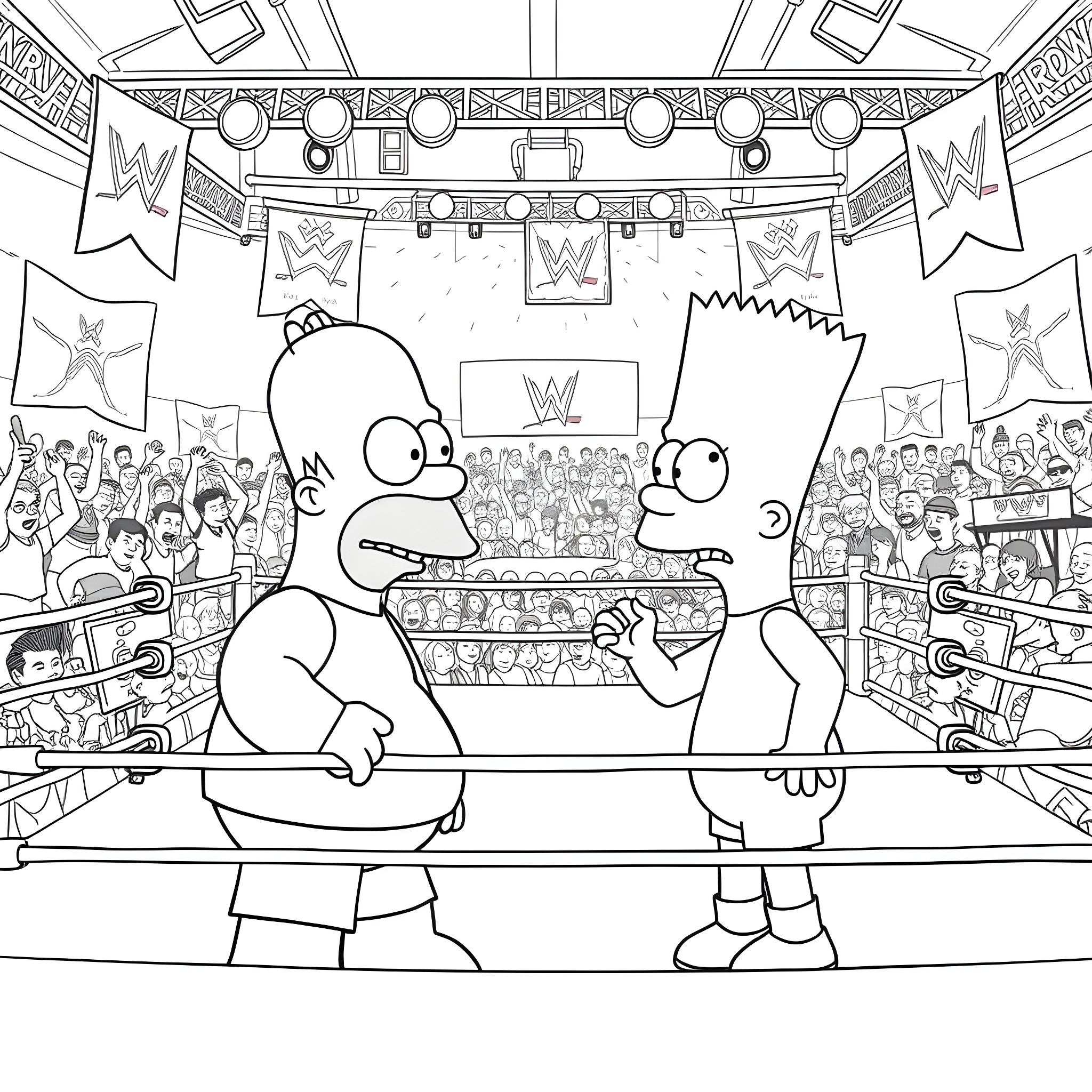 Homer Simpson and Bart Simpson in a wrestling ring Coloring Page (free black-and-white line drawing printable PDF for all, from beginners to advanced learners, including children, teens, adults, and seniors)
