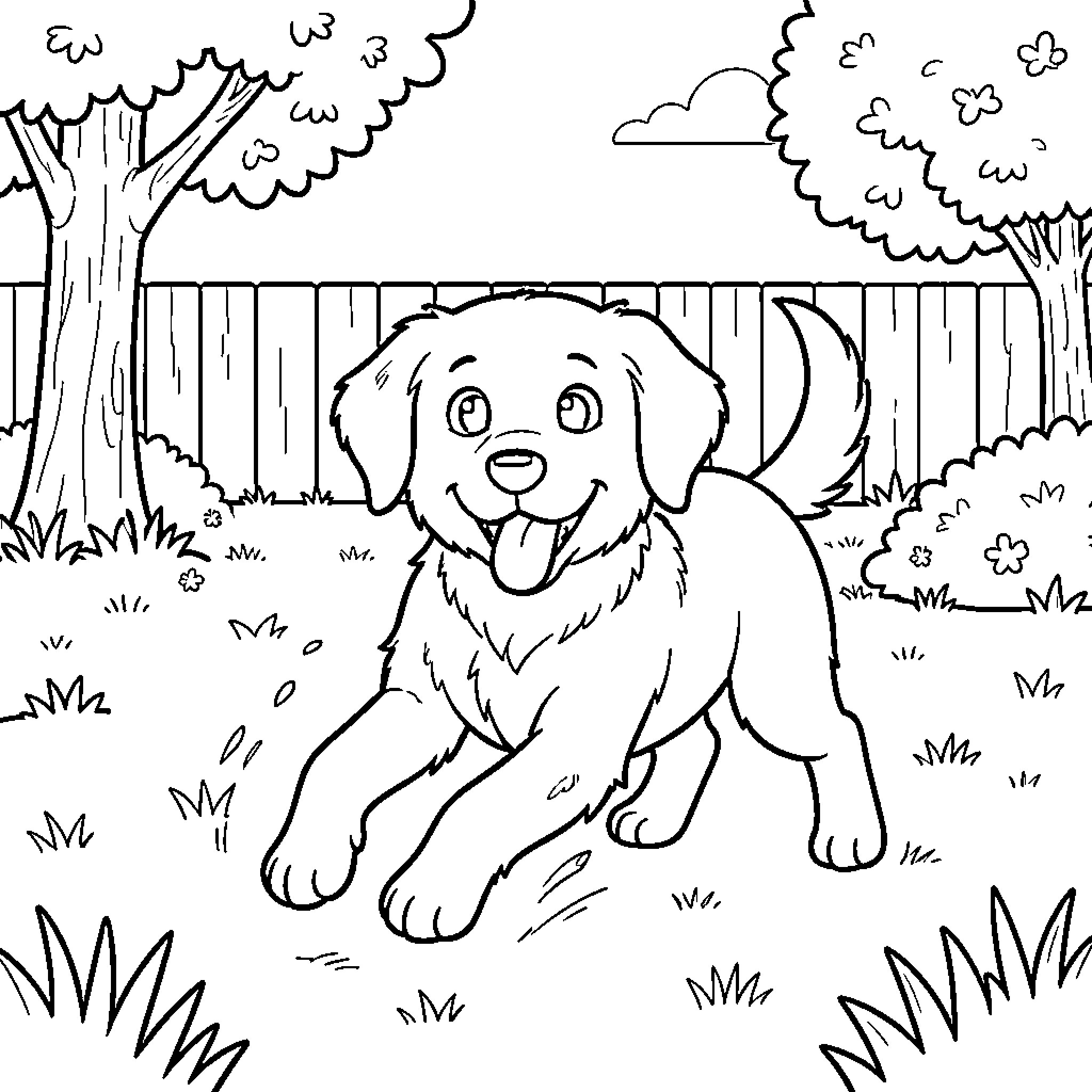 Dog running happily through a grassy backyard Coloring Page (free black-and-white line drawing printable PDF for all, from beginners to advanced learners, including children, teens, adults, and seniors)