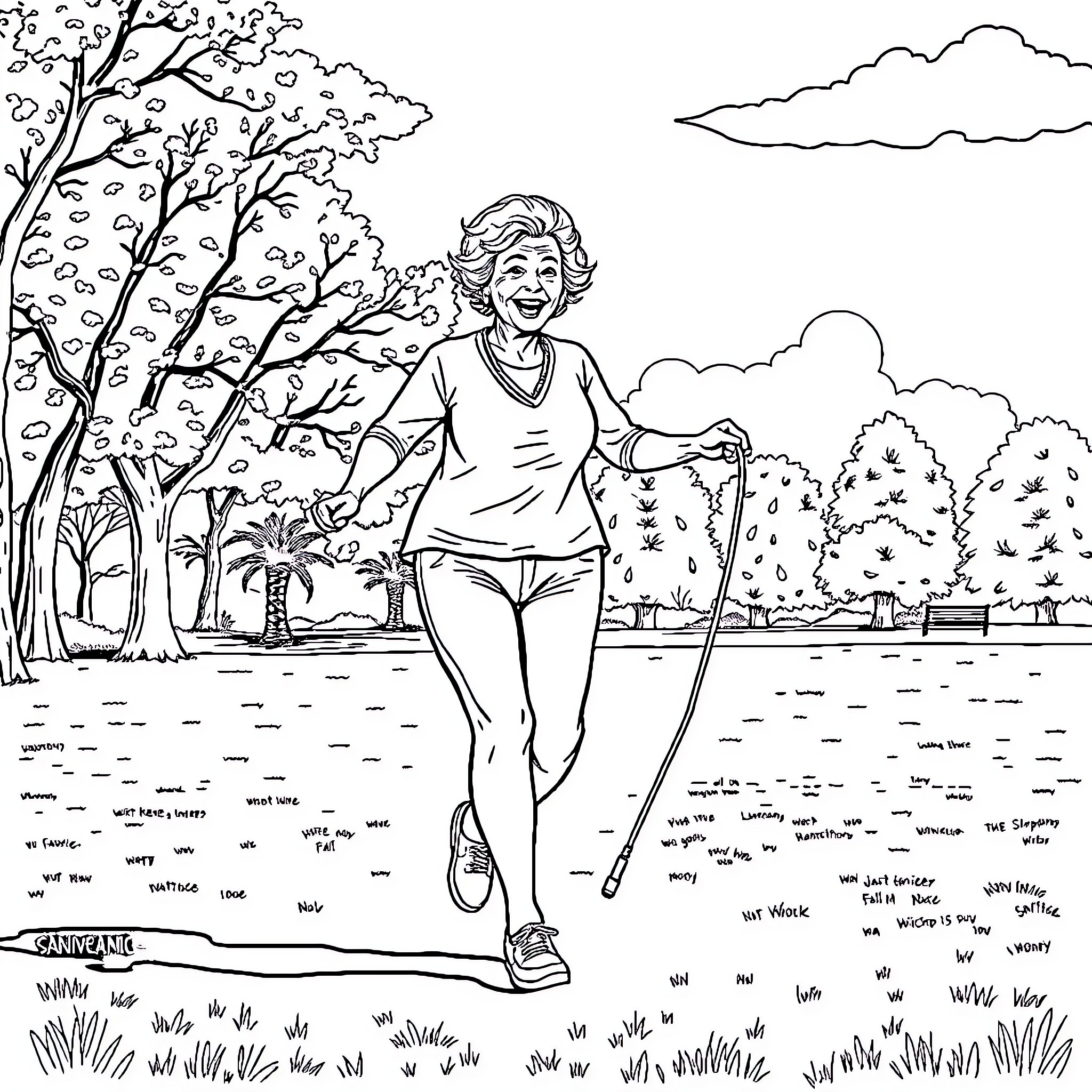 Woman walking joyfully in a natural setting Coloring Page (free black-and-white line drawing printable PDF for all, from beginners to advanced learners, including children, teens, adults, and seniors)