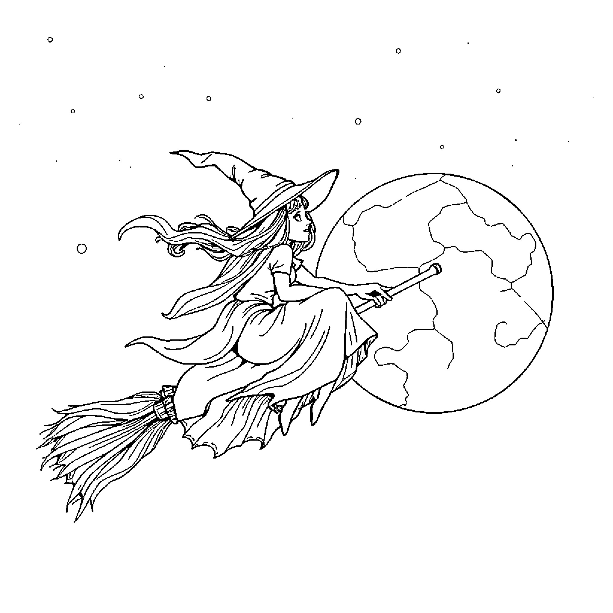 Witch soaring on a broomstick under the full moon Coloring Page (free black-and-white line drawing printable PDF for all, from beginners to advanced learners, including children, teens, adults, and seniors)