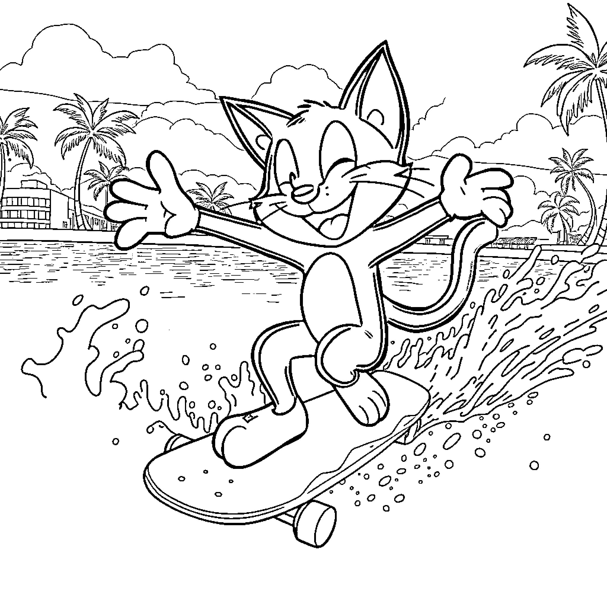 Felix enjoying a summer surf adventure Coloring Page (free black-and-white line drawing printable PDF for all, from beginners to advanced learners, including children, teens, adults, and seniors)