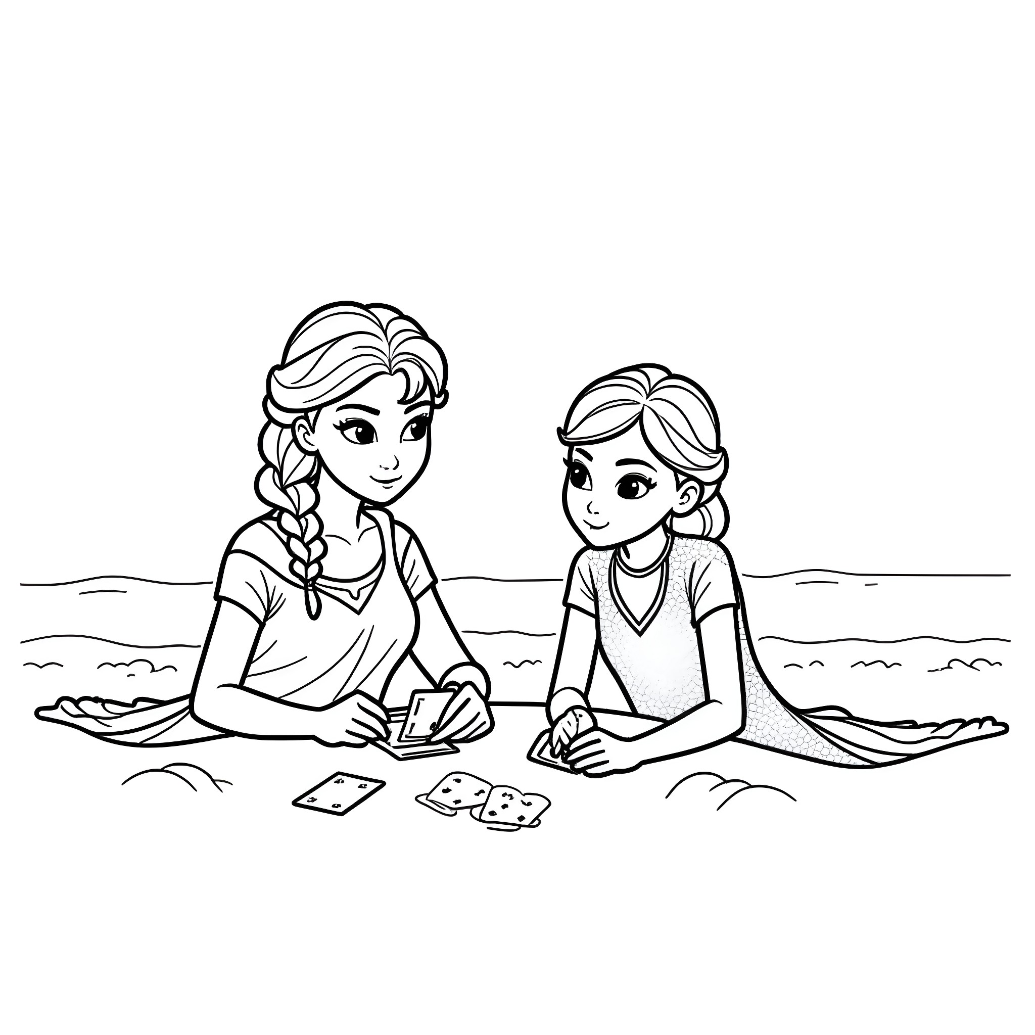 Elsa and Anna playing cards on the beach Coloring Page (free black-and-white line drawing printable PDF for all, from beginners to advanced learners, including children, teens, adults, and seniors)