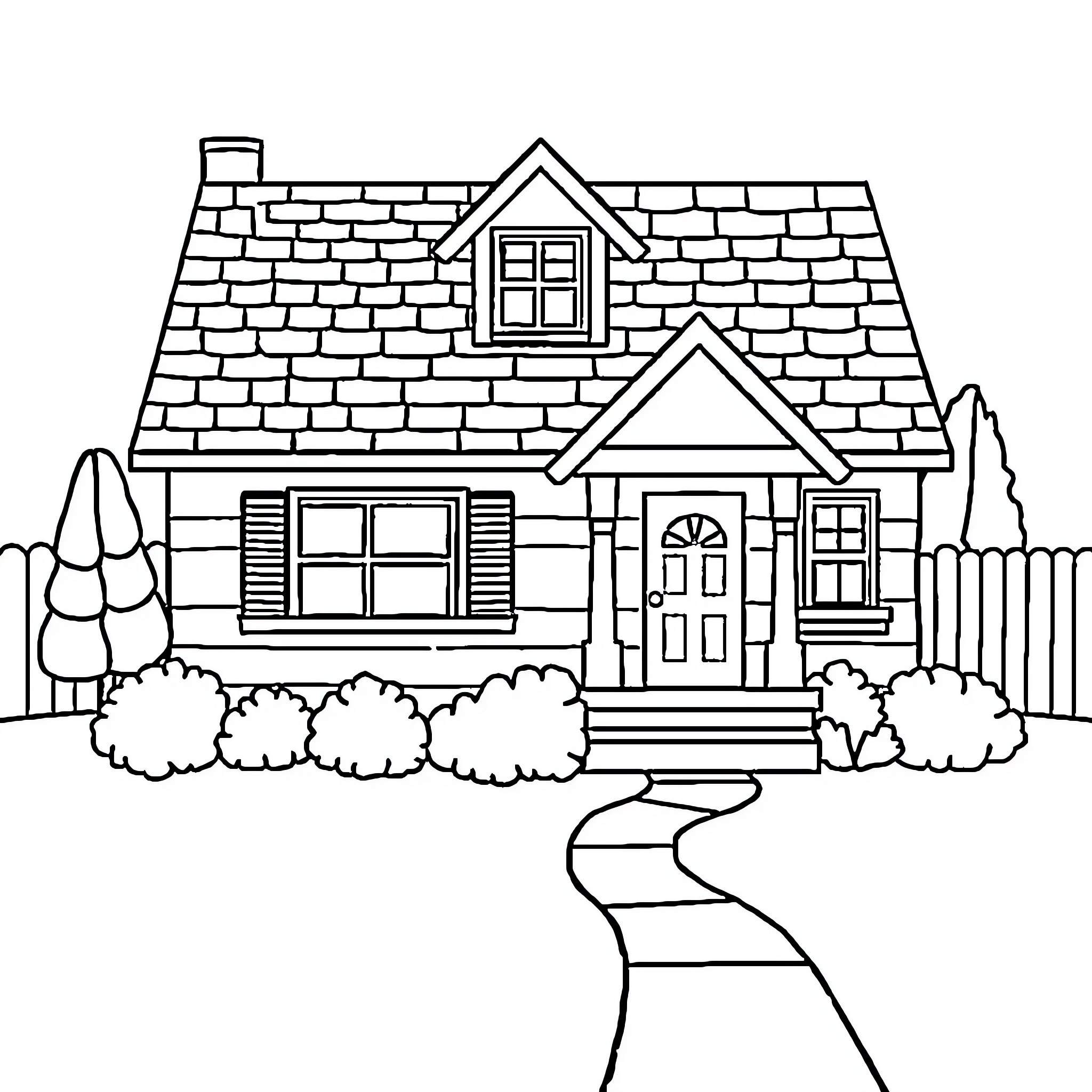 House with Charming Details and Landscaping Coloring Page (free black-and-white line drawing printable PDF for all, from beginners to advanced learners, including children, teens, adults, and seniors)