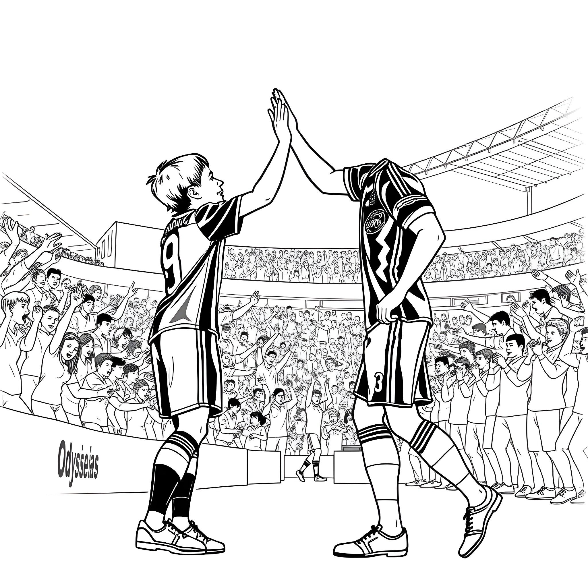 Cristiano Ronaldo celebrates scoring a goal with teammate Coloring Page (free black-and-white line drawing printable PDF for all, from beginners to advanced learners, including children, teens, adults, and seniors)
