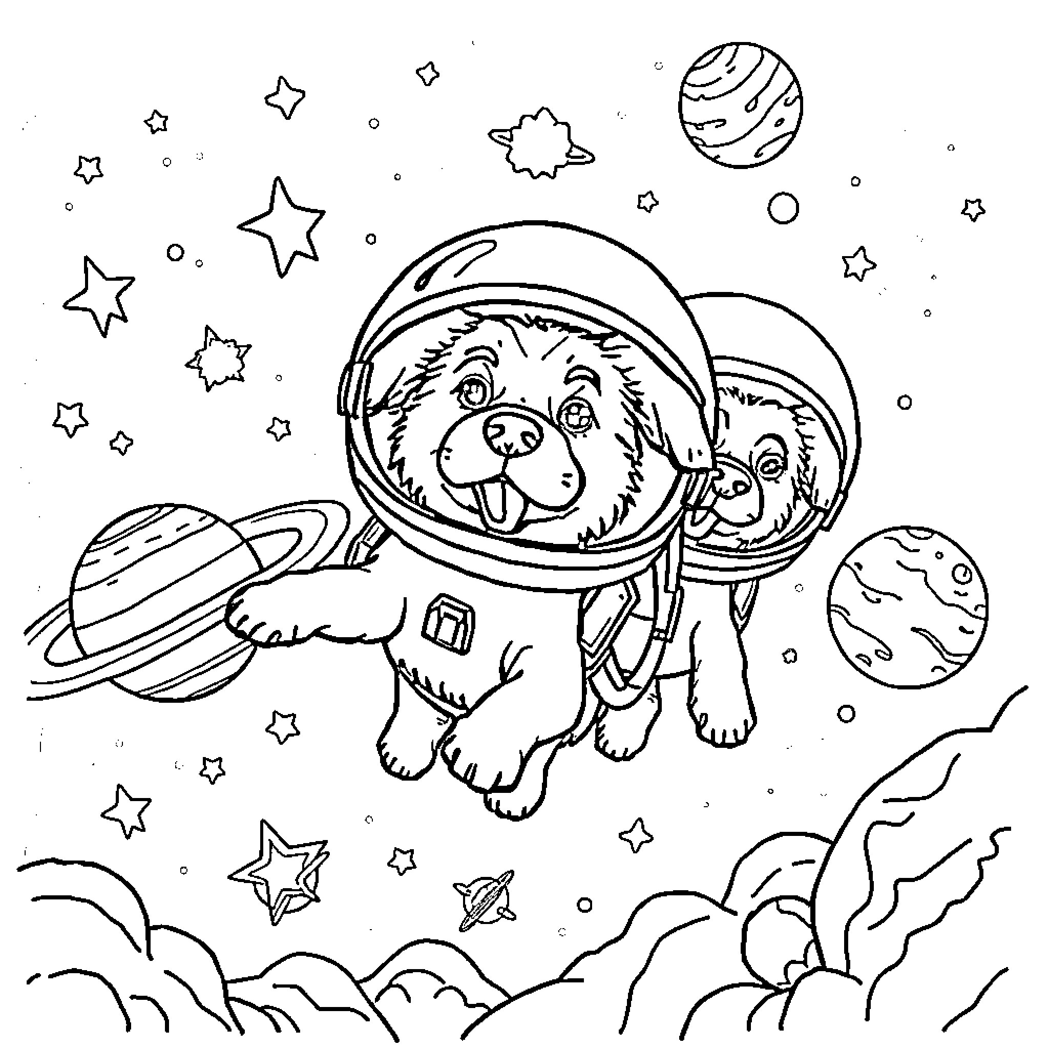 Dog astronaut exploring space with planets and stars Coloring Page (free black-and-white line drawing printable PDF for all, from beginners to advanced learners, including children, teens, adults, and seniors)