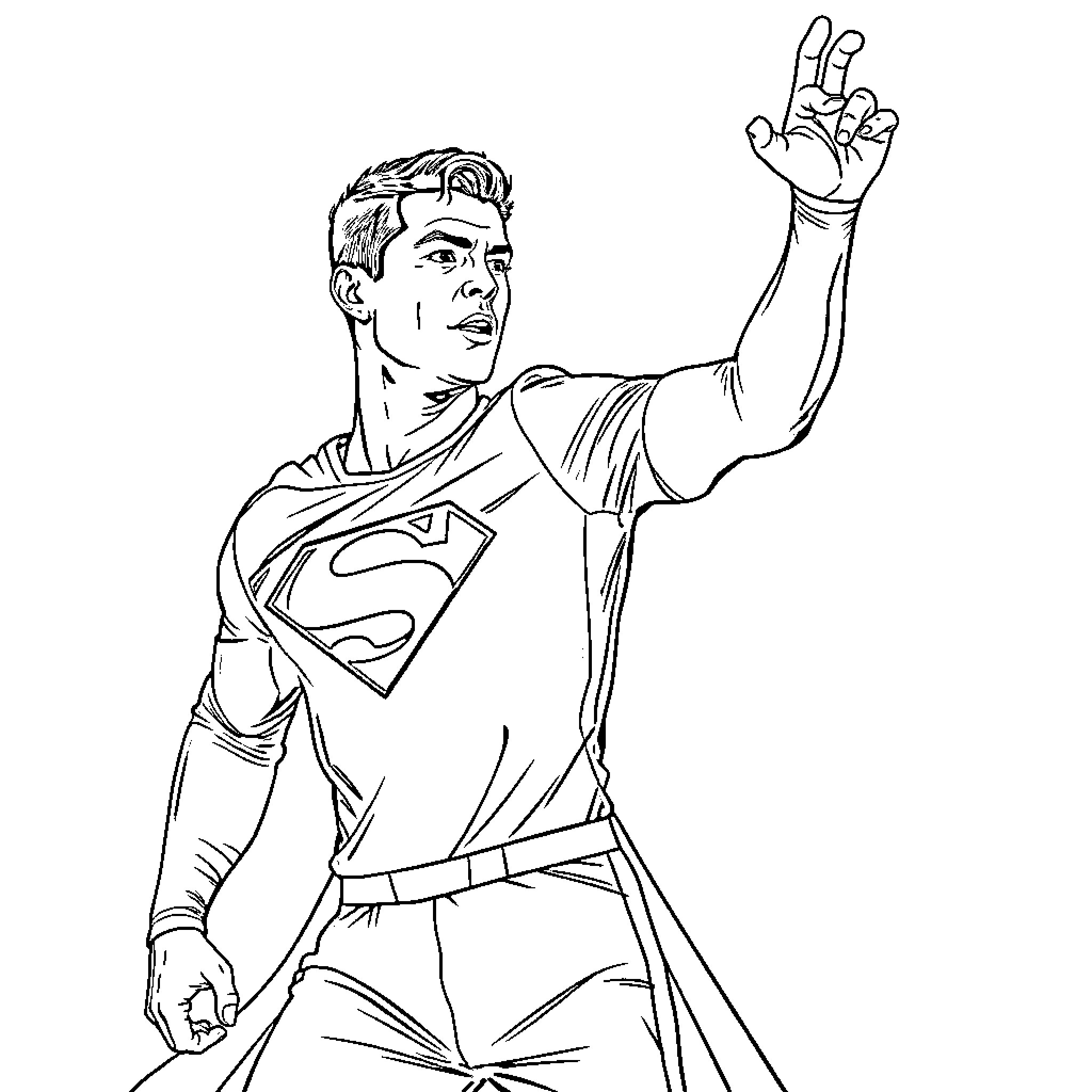 Cristiano Ronaldo as Superman in heroic pose Coloring Page (free black-and-white line drawing printable PDF for all, from beginners to advanced learners, including children, teens, adults, and seniors)