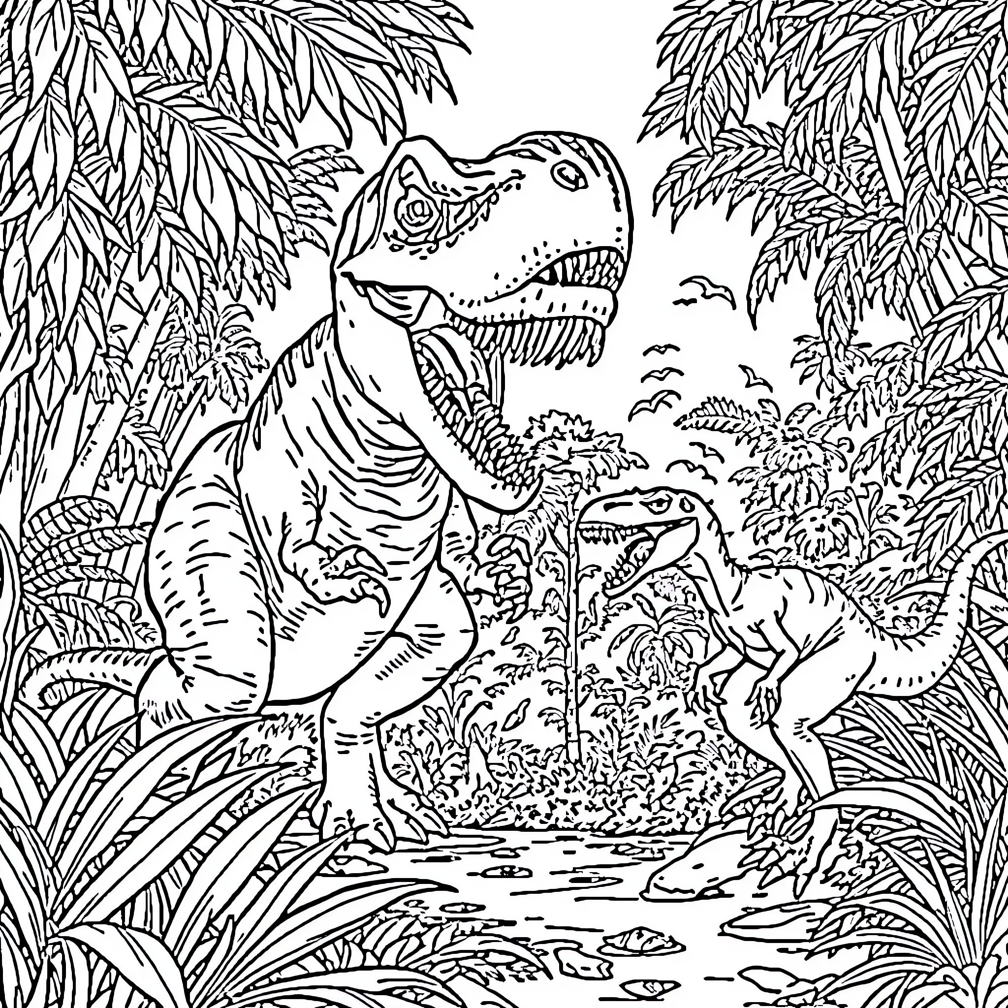 Indominus Rex Dinosaurs Roaring in Lush Jungle Landscape Coloring Page (free black-and-white line drawing printable PDF for all, from beginners to advanced learners, including children, teens, adults, and seniors)