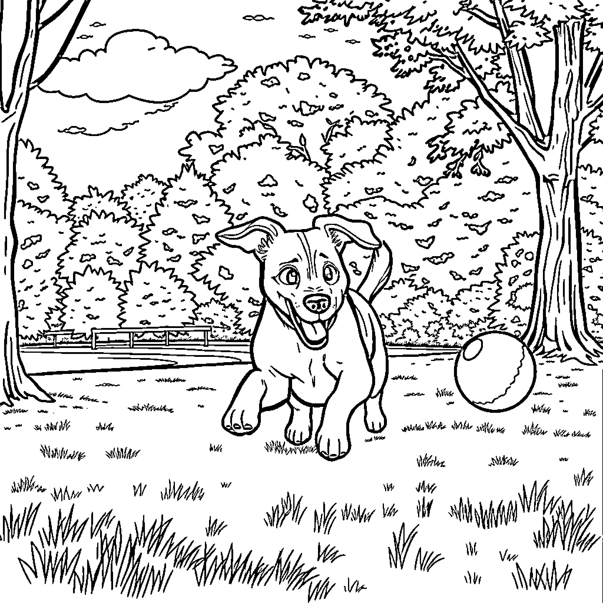 Dog playing in the park surrounded by nature Coloring Page (free black-and-white line drawing printable PDF for all, from beginners to advanced learners, including children, teens, adults, and seniors)