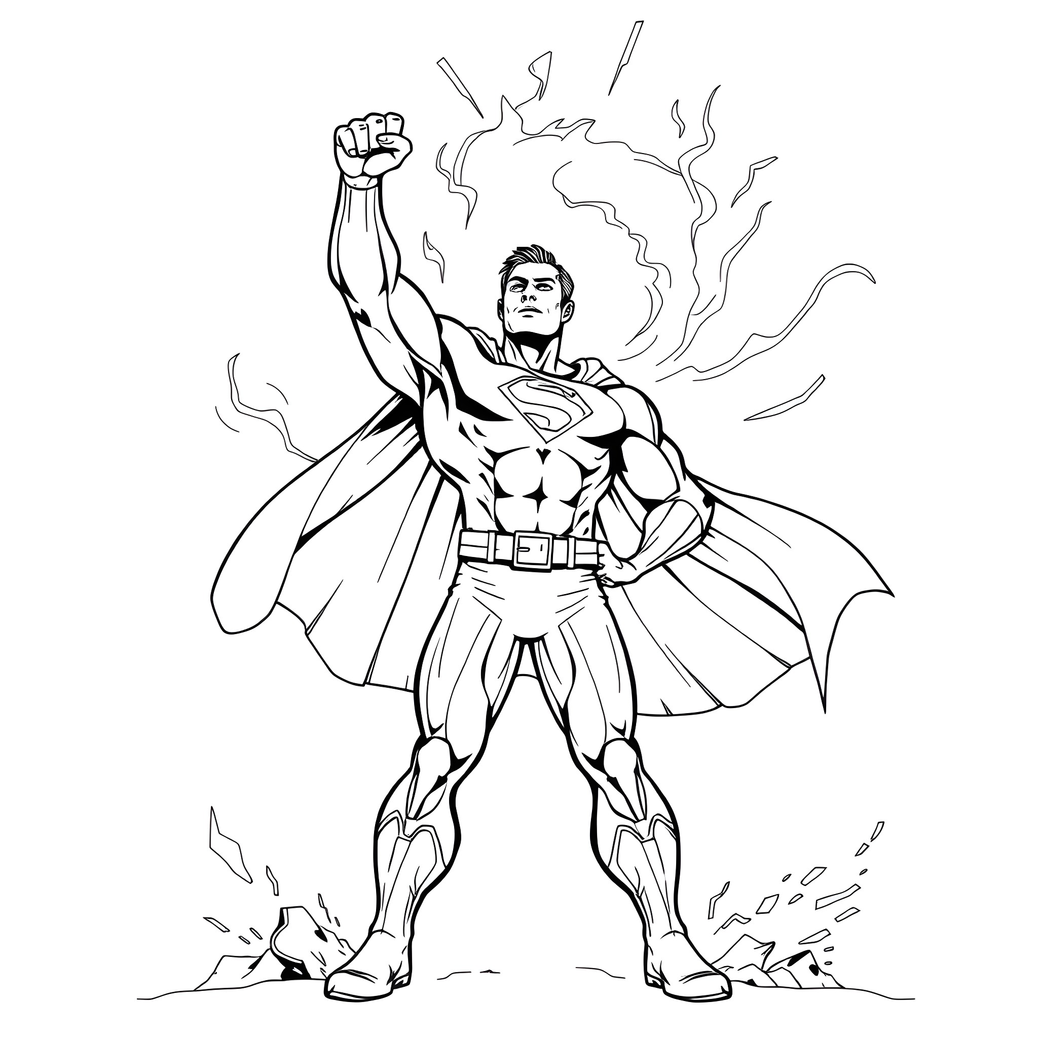 Comic Superhero in Action Pose with Dramatic Flair Coloring Page (free black-and-white line drawing printable PDF for all, from beginners to advanced learners, including children, teens, adults, and seniors)