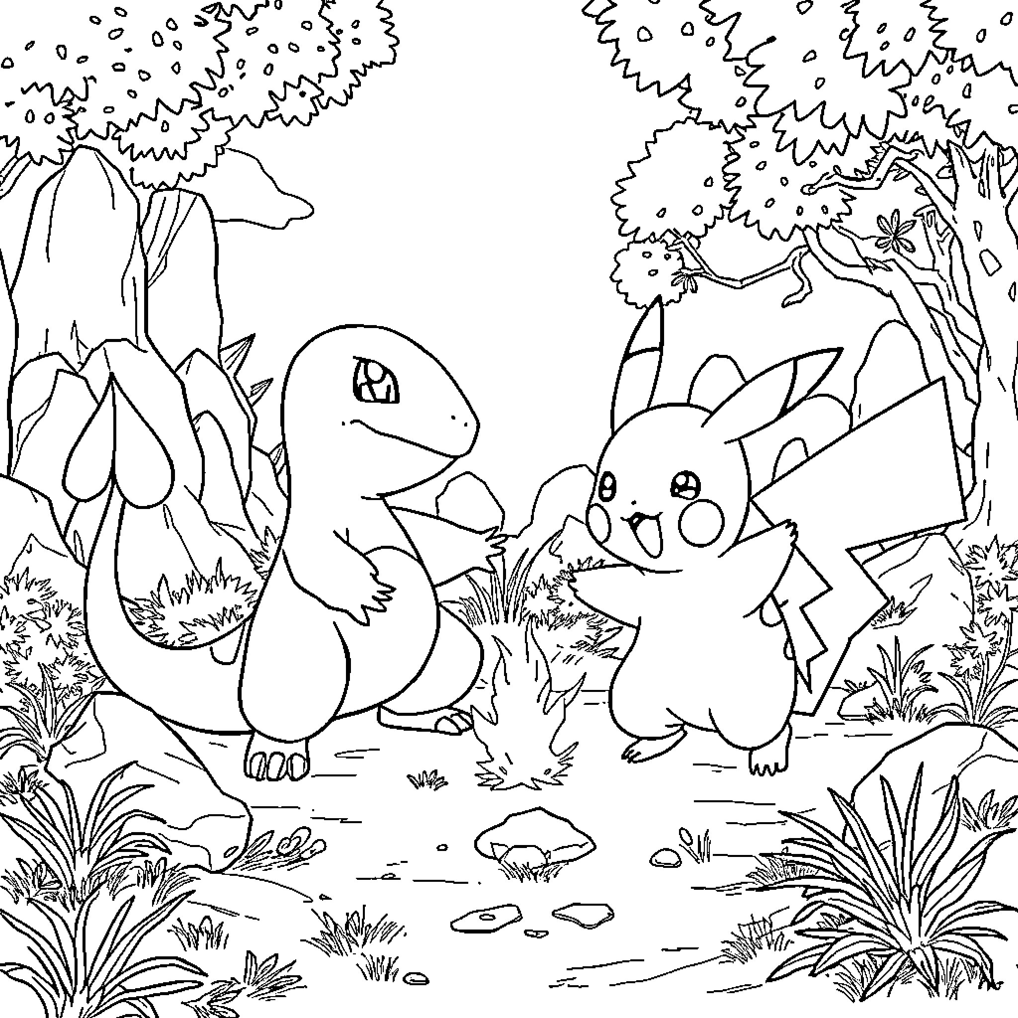 Charmander and Pikachu explore the wilderness Coloring Page (free black-and-white line drawing printable PDF for all, from beginners to advanced learners, including children, teens, adults, and seniors)