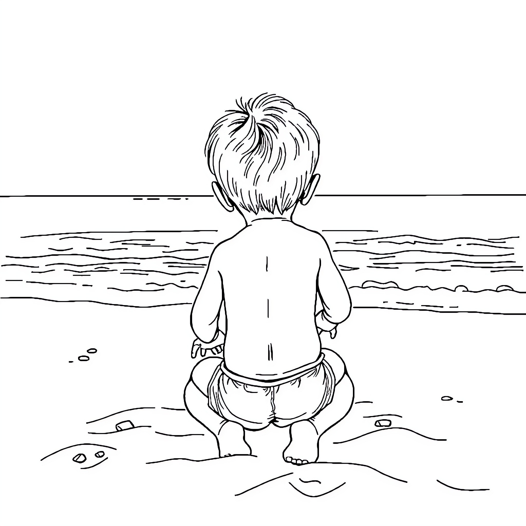 Child exploring the beach alone Coloring Page (free black-and-white line drawing printable PDF for all, from beginners to advanced learners, including children, teens, adults, and seniors)