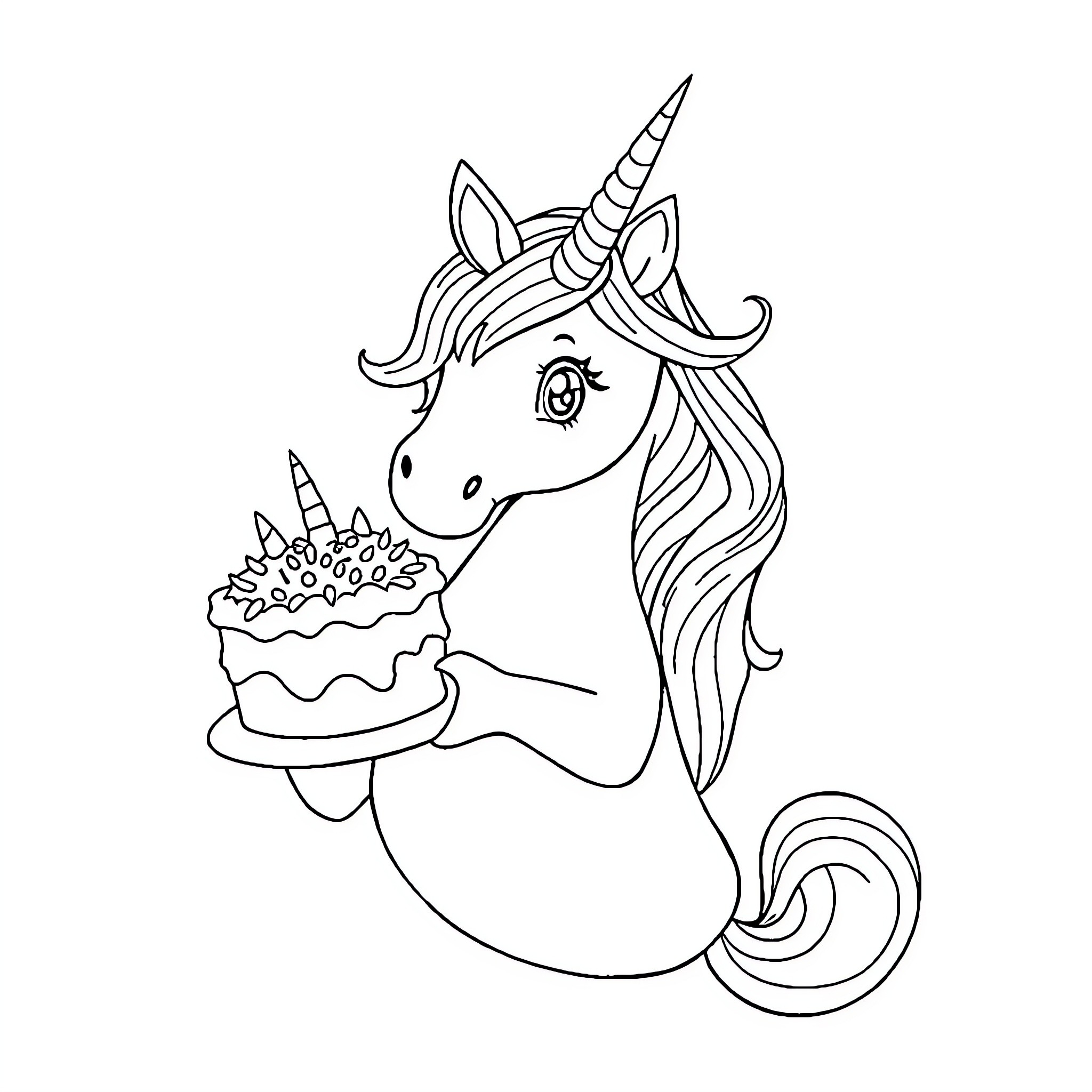 Unicorn Holding a Decorated Birthday Cake Coloring Page (free black-and-white line drawing printable PDF for all, from beginners to advanced learners, including children, teens, adults, and seniors)