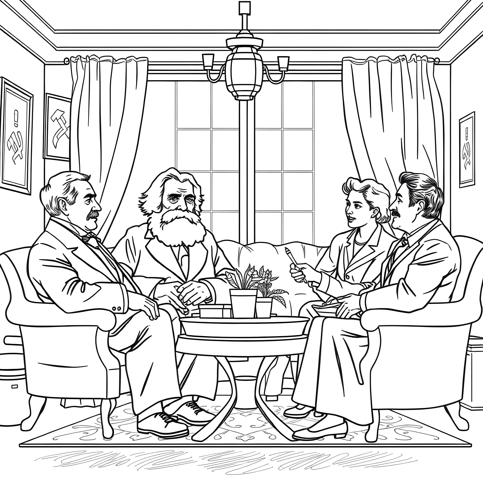 Communist Leaders in Serious Discussion Coloring Page (free black-and-white line drawing printable PDF for all, from beginners to advanced learners, including children, teens, adults, and seniors)