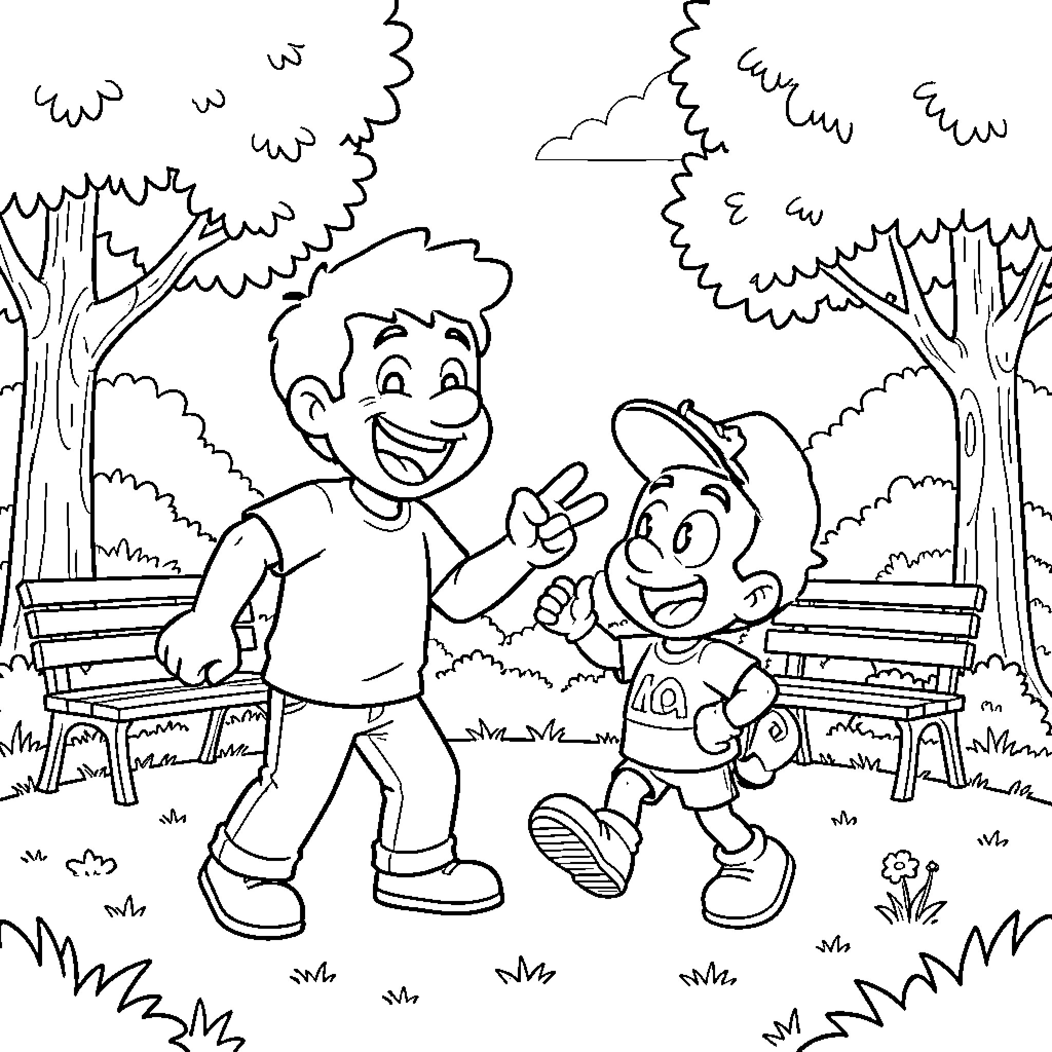 Homero and his friend explore the park Coloring Page (free black-and-white line drawing printable PDF for all, from beginners to advanced learners, including children, teens, adults, and seniors)