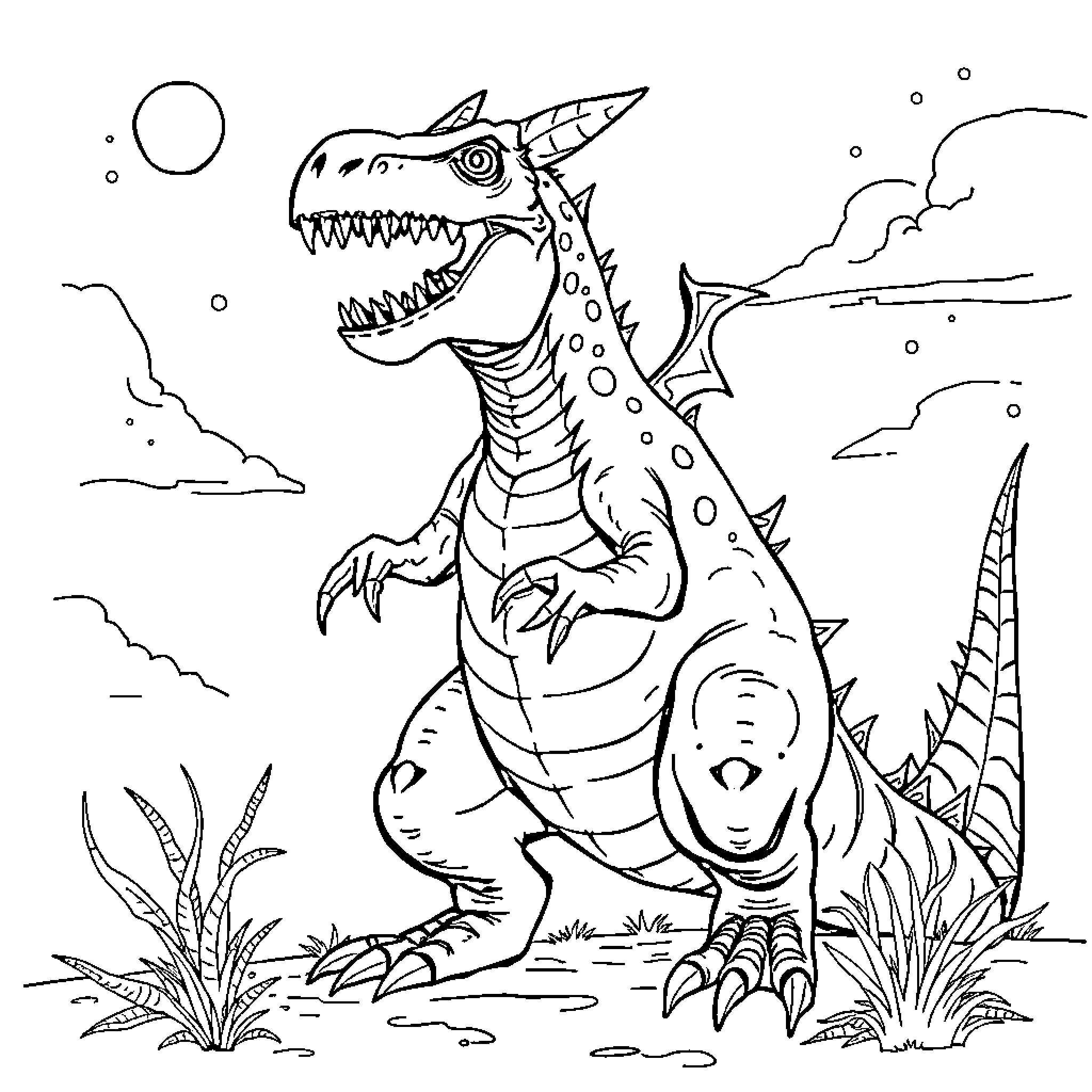 Monster Dinosaur Roaring in the Wilderness Coloring Page (free black-and-white line drawing printable PDF for all, from beginners to advanced learners, including children, teens, adults, and seniors)