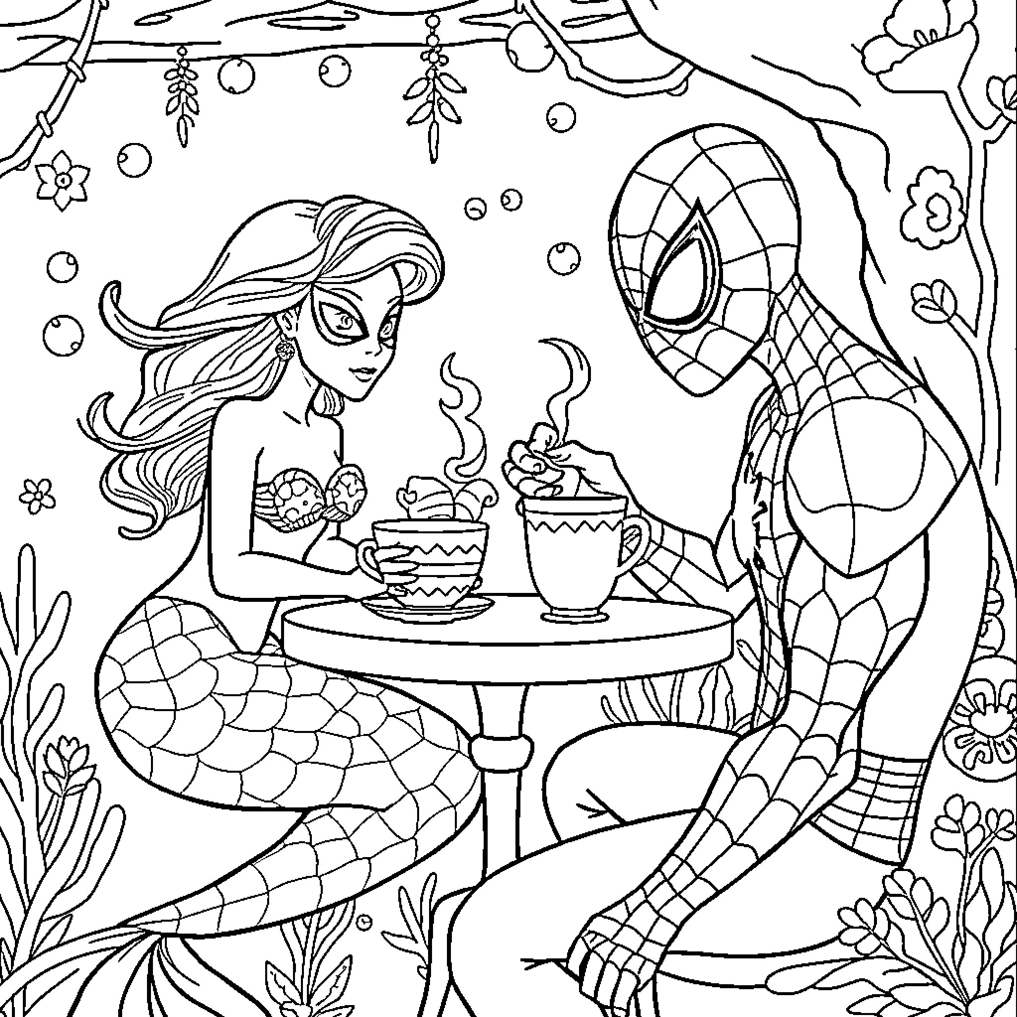Spider-Man and Mermaid Sharing a Cozy Picnic Coloring Page (free black-and-white line drawing printable PDF for all, from beginners to advanced learners, including children, teens, adults, and seniors)