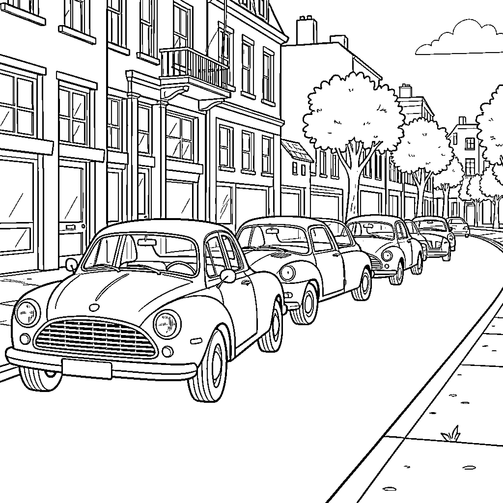 Car parked along a quiet residential city street Coloring Page (free black-and-white line drawing printable PDF for all, from beginners to advanced learners, including children, teens, adults, and seniors)