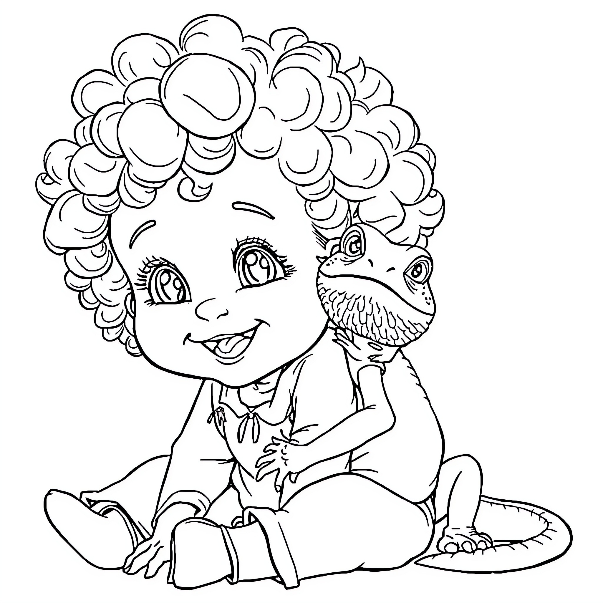 Girl playing with a pet lizard happily Coloring Page (free black-and-white line drawing printable PDF for all, from beginners to advanced learners, including children, teens, adults, and seniors)