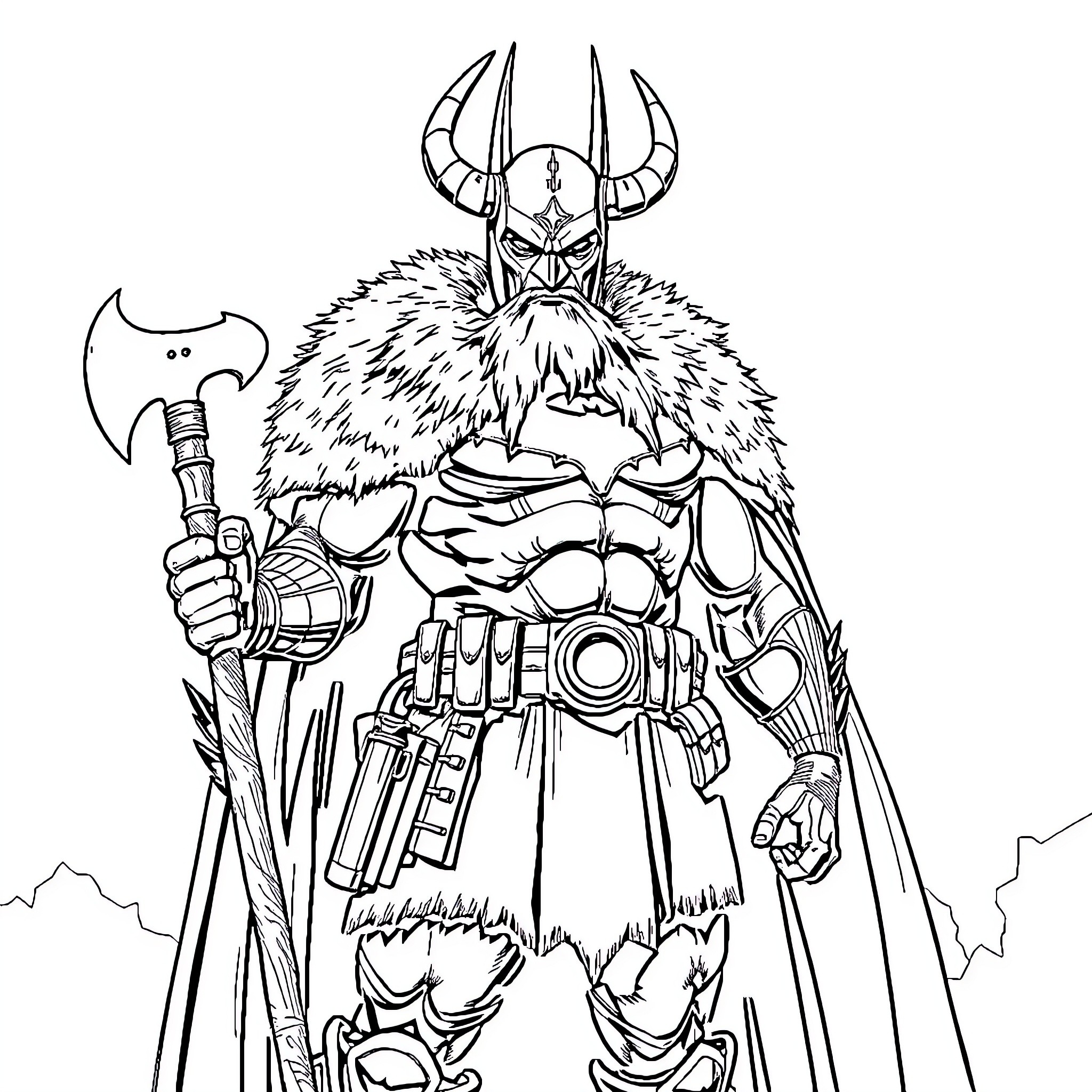 Batman Viking Warrior Wielding Axe in Battle Coloring Page (free black-and-white line drawing printable PDF for all, from beginners to advanced learners, including children, teens, adults, and seniors)