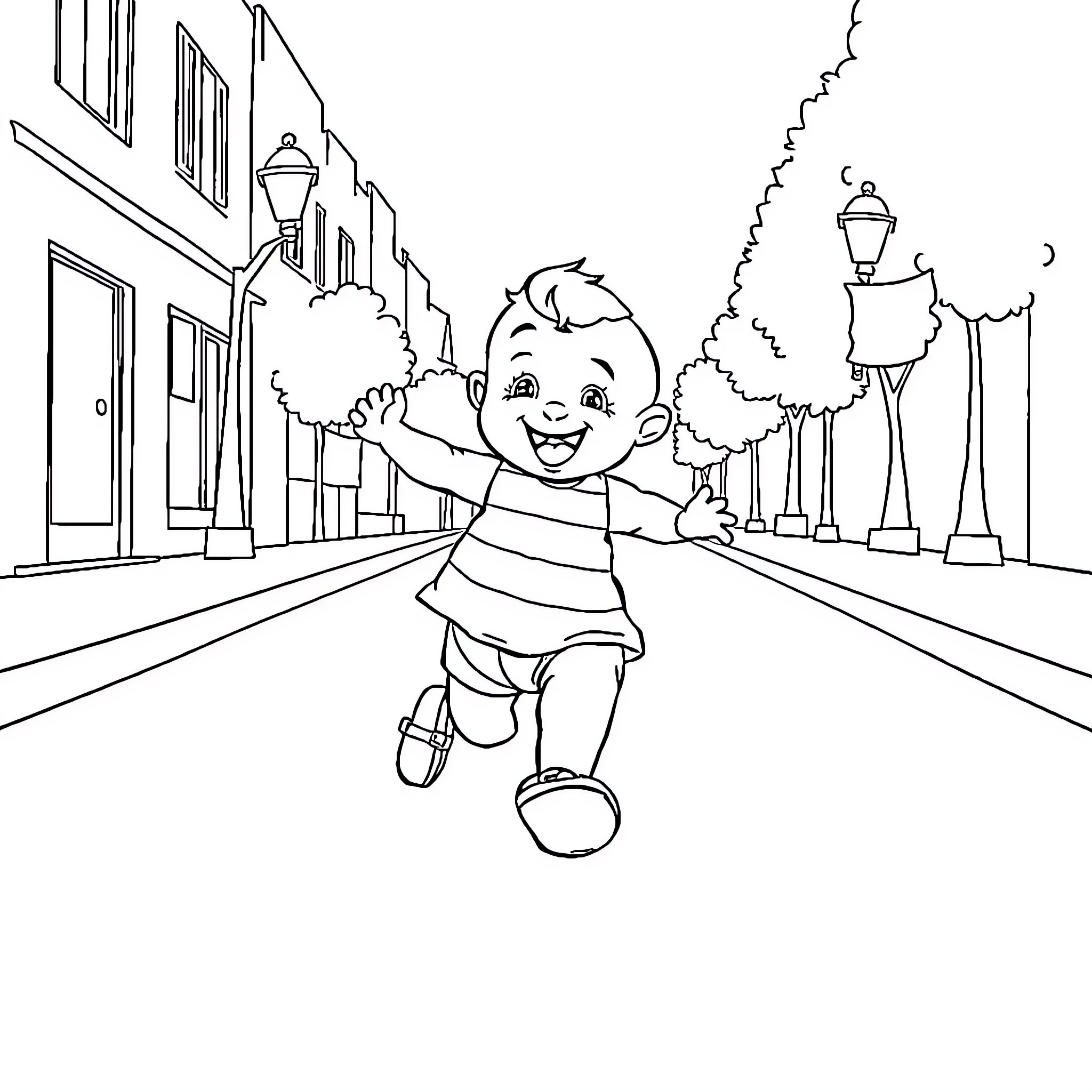 Baby running happily down a city street Coloring Page (free black-and-white line drawing printable PDF for all, from beginners to advanced learners, including children, teens, adults, and seniors)