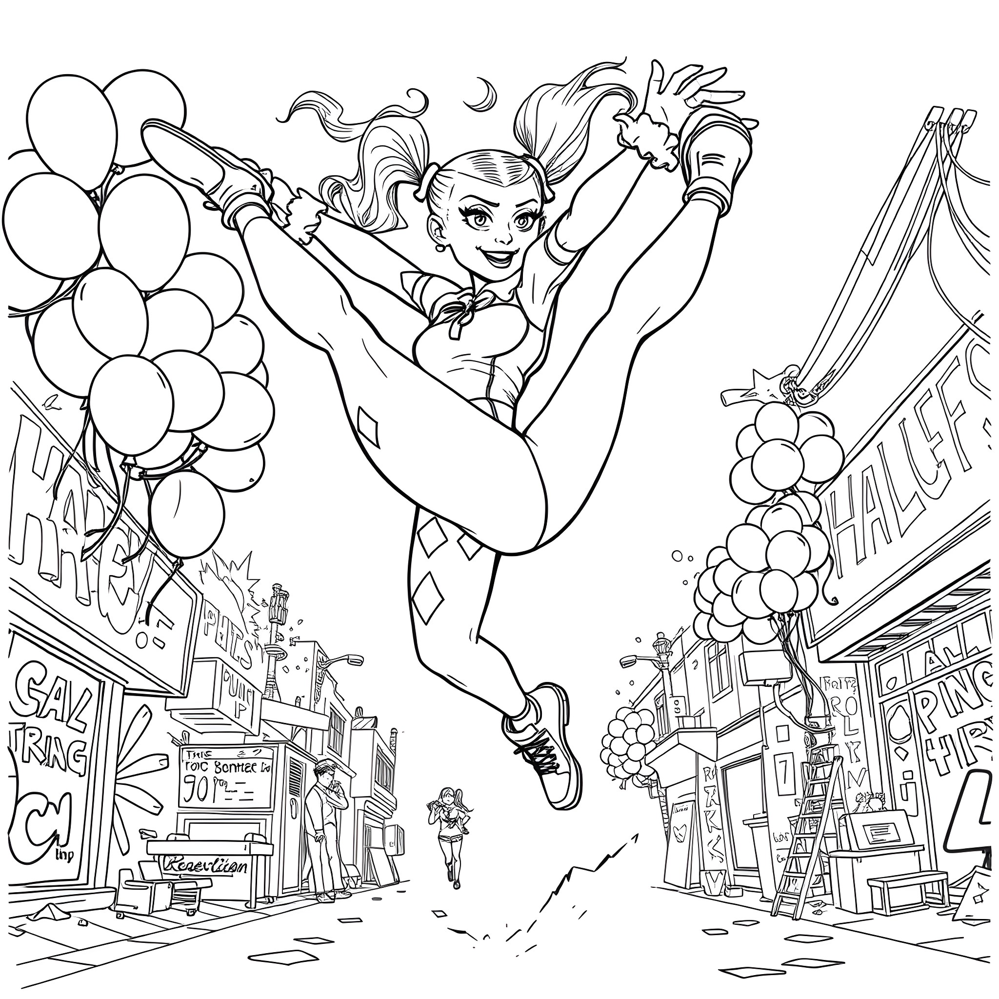 Harley Quinn's Acrobatic Performance in Gotham City Coloring Page (free black-and-white line drawing printable PDF for all, from beginners to advanced learners, including children, teens, adults, and seniors)