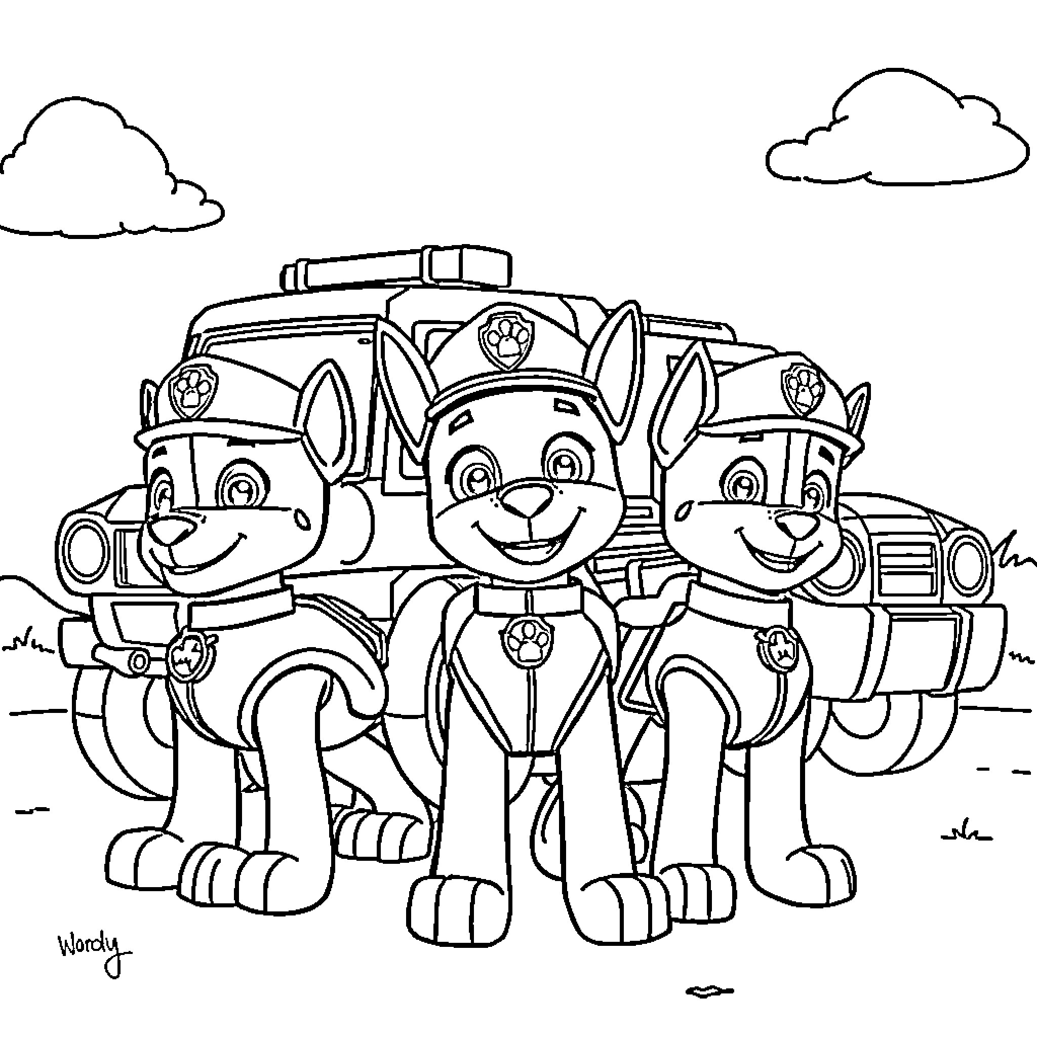 Paw Patrol pups on exciting adventure Coloring Page (free black-and-white line drawing printable PDF for all, from beginners to advanced learners, including children, teens, adults, and seniors)