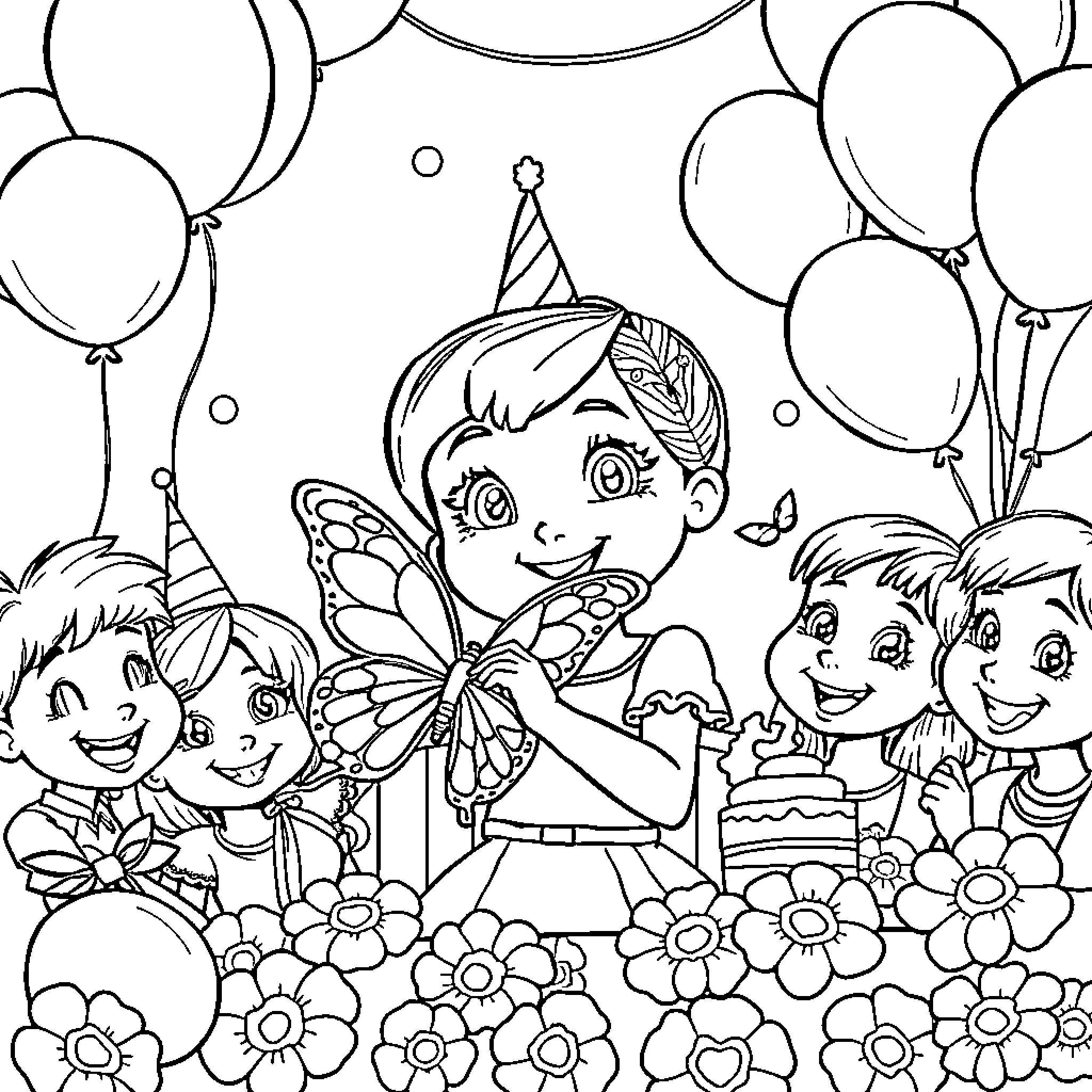 Gabby's Fairy Tale Birthday Party Coloring Page (free black-and-white line drawing printable PDF for all, from beginners to advanced learners, including children, teens, adults, and seniors)