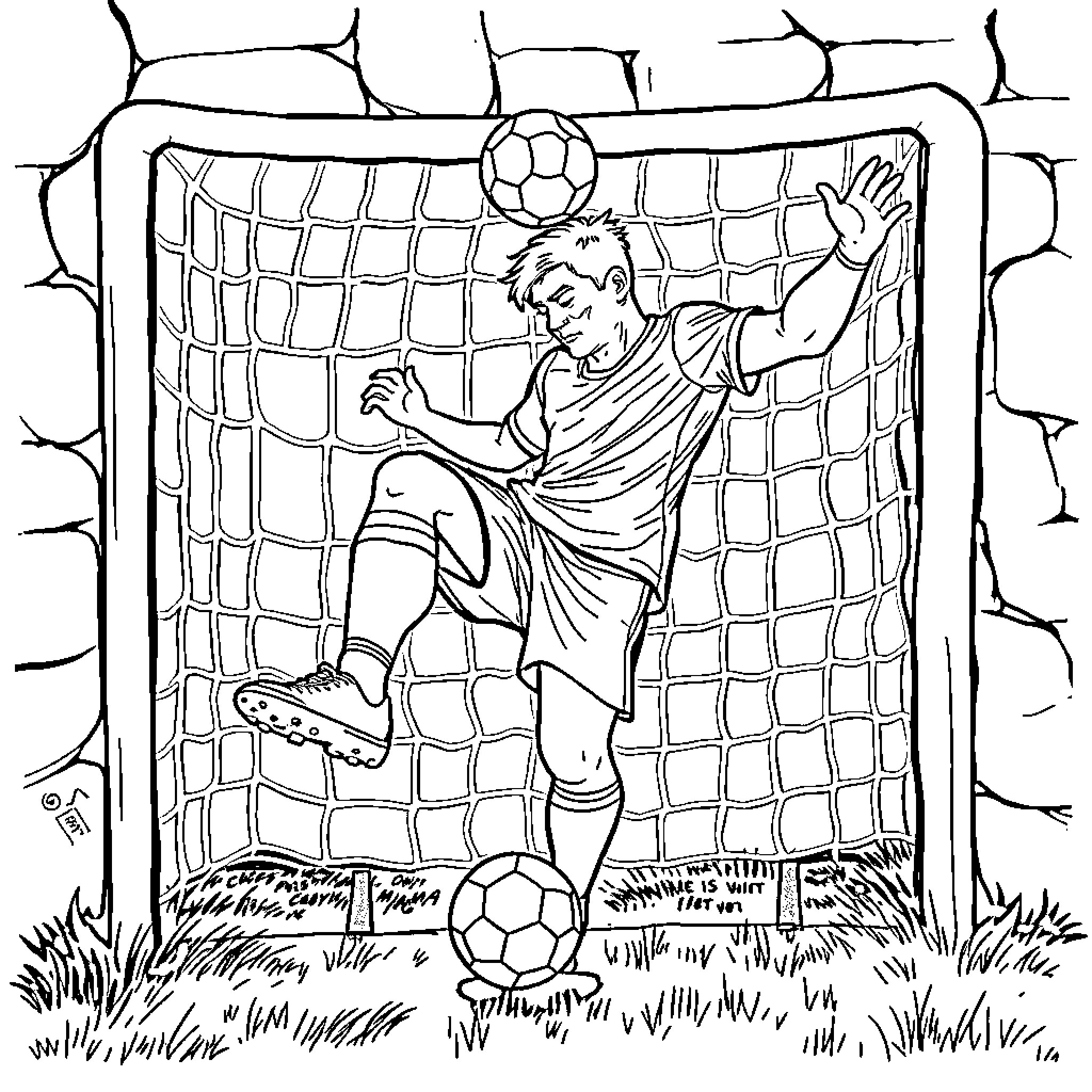 Futbolista guarding the net with athletic prowess Coloring Page (free black-and-white line drawing printable PDF for all, from beginners to advanced learners, including children, teens, adults, and seniors)