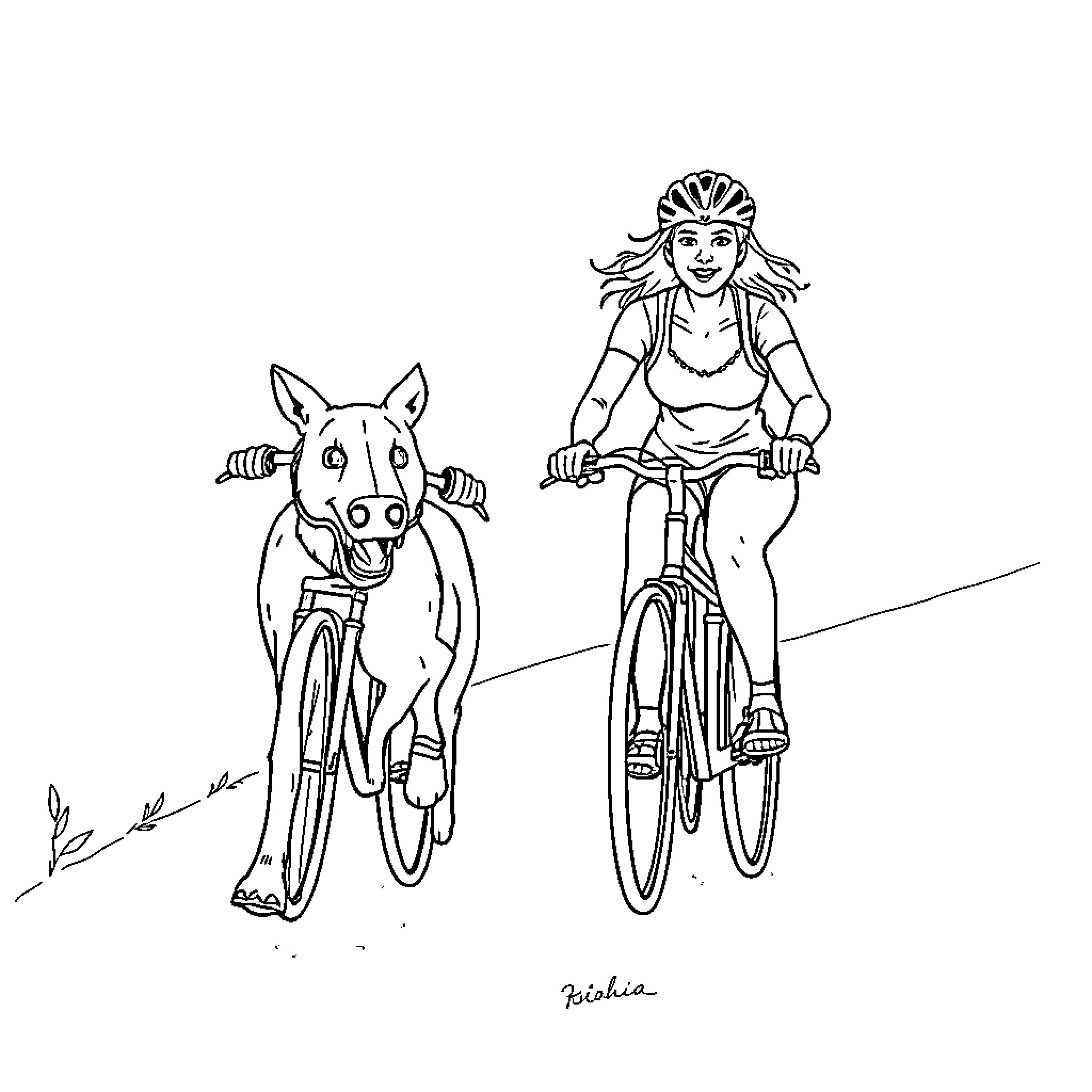 Healer on a bicycle with a friendly animal companion Coloring Page (free black-and-white line drawing printable PDF for all, from beginners to advanced learners, including children, teens, adults, and seniors)