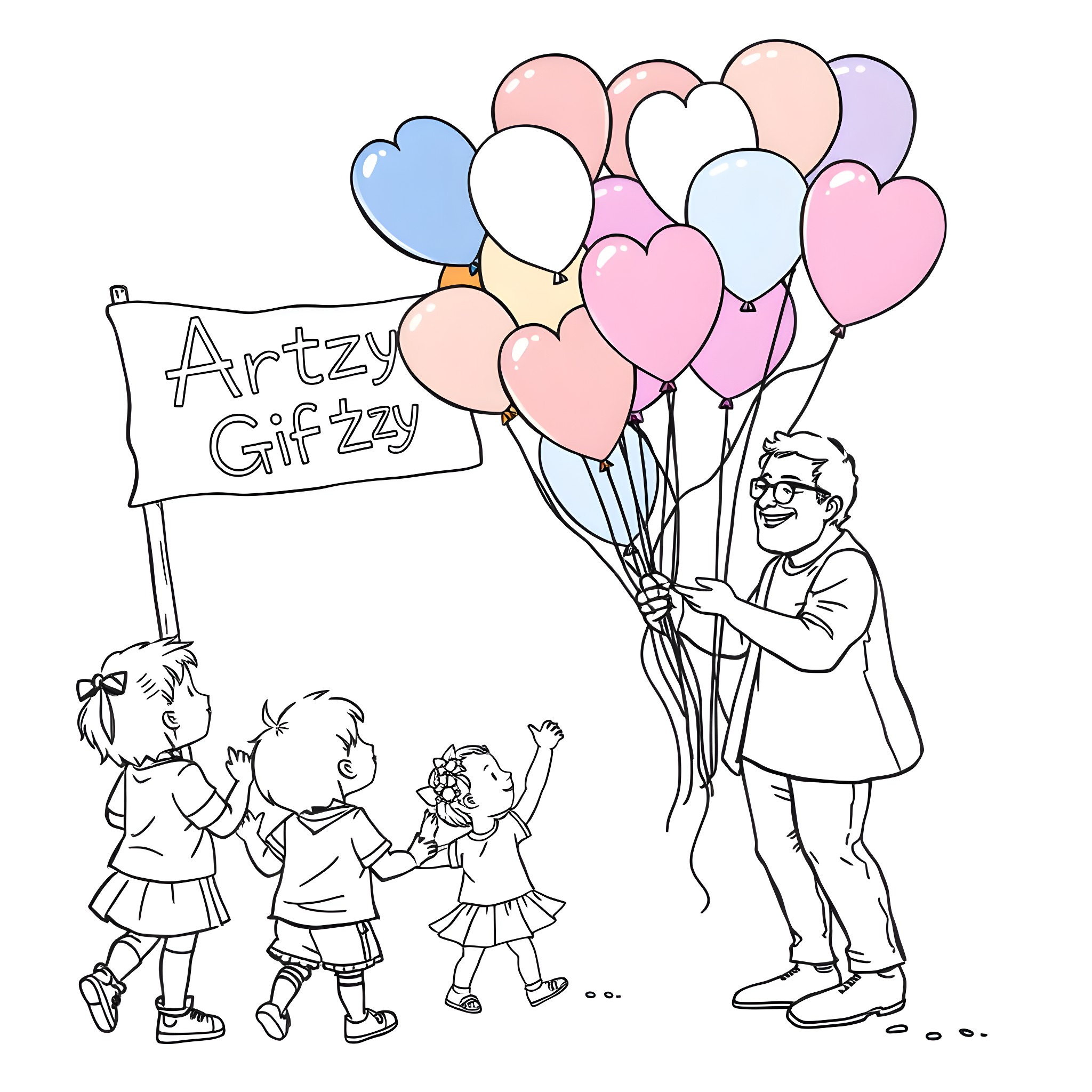 Balloon vendor entertains children with colorful display Coloring Page (free black-and-white line drawing printable PDF for all, from beginners to advanced learners, including children, teens, adults, and seniors)
