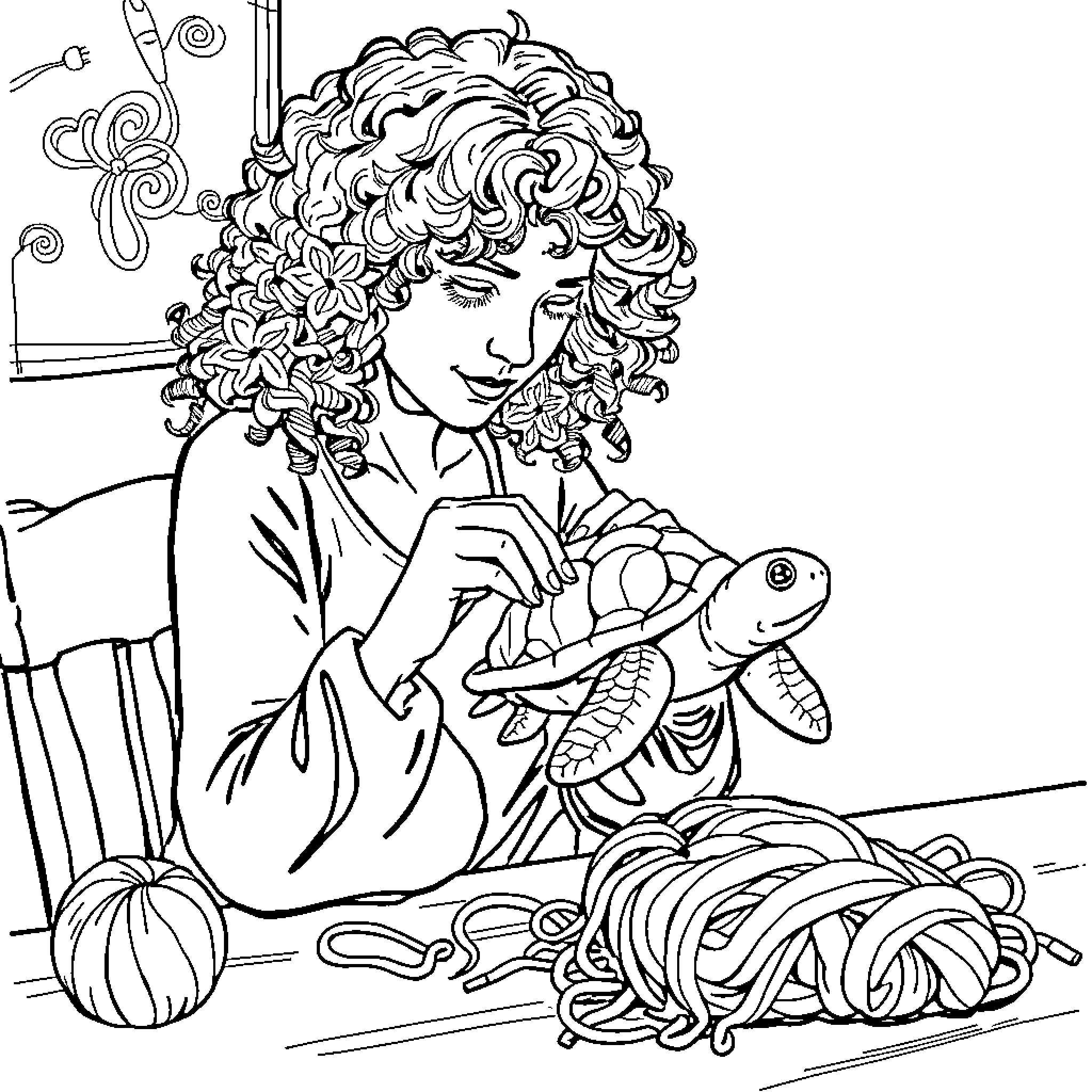 Woman with Curly Hair Holding a Toy Fish Coloring Page (free black-and-white line drawing printable PDF for all, from beginners to advanced learners, including children, teens, adults, and seniors)