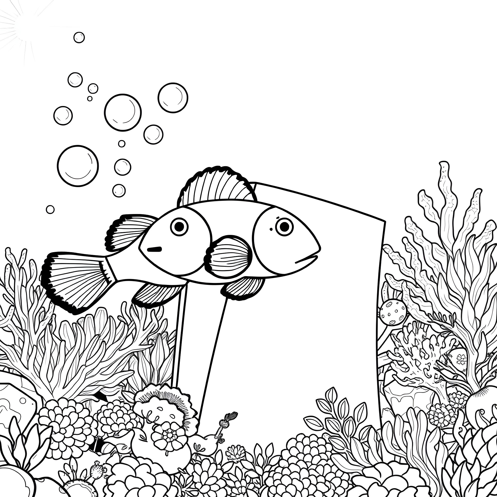 Clownfish exploring vibrant underwater seascape Coloring Page (free black-and-white line drawing printable PDF for all, from beginners to advanced learners, including children, teens, adults, and seniors)