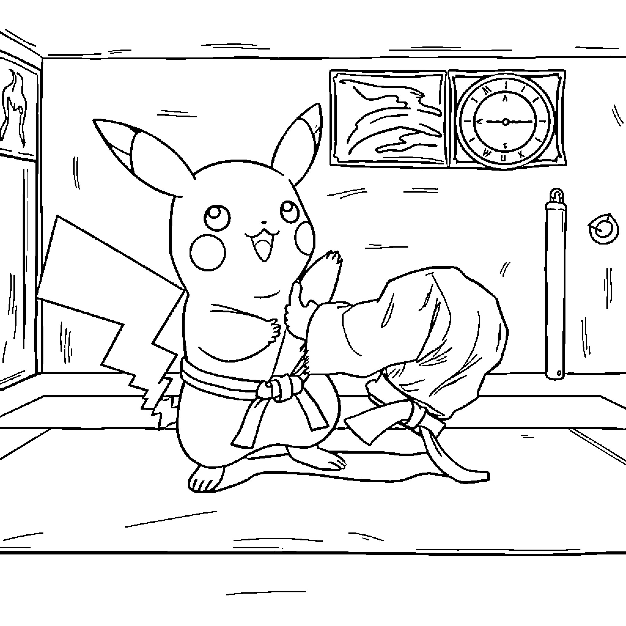 Pikachu relaxing at home Coloring Page (free black-and-white line drawing printable PDF for all, from beginners to advanced learners, including children, teens, adults, and seniors)