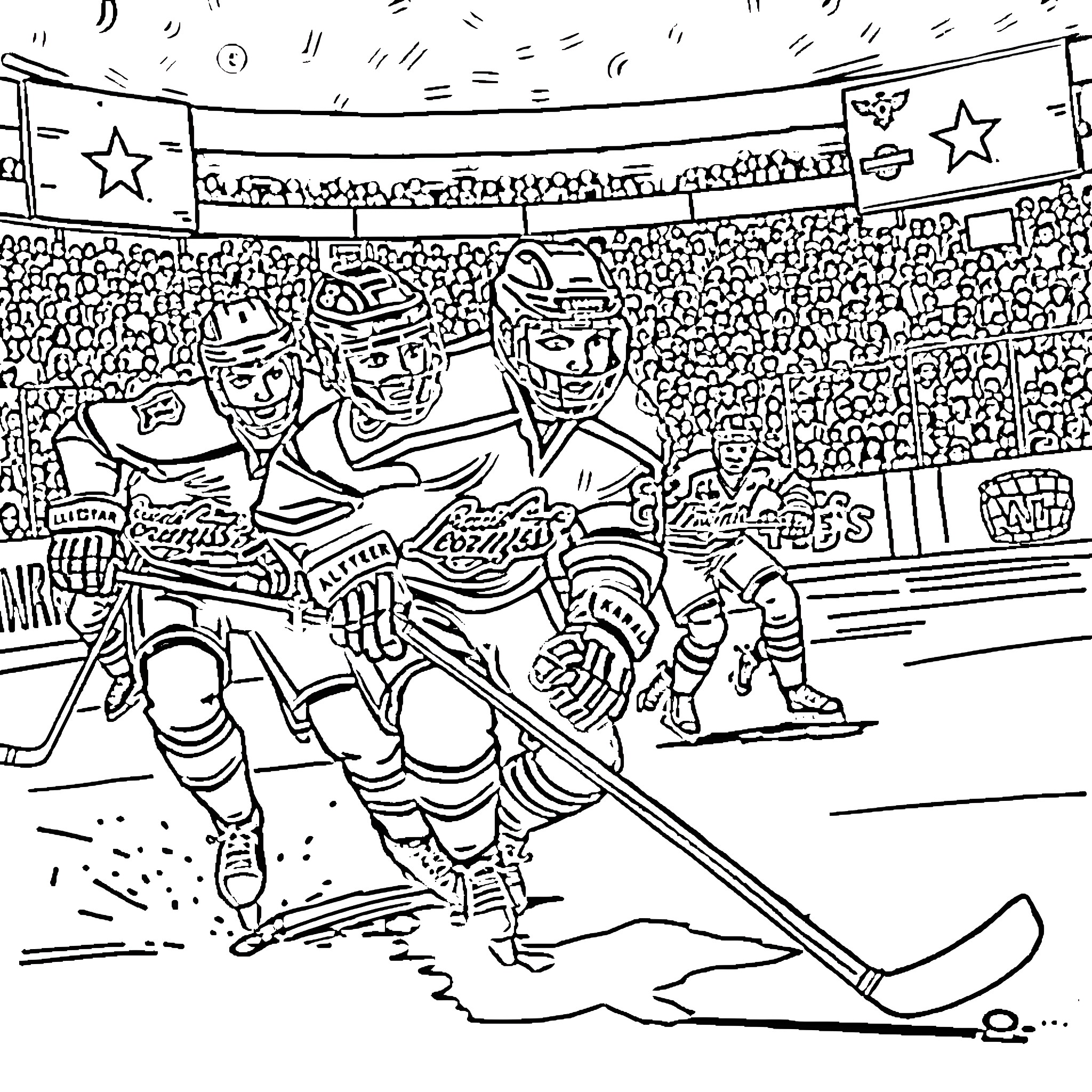 Brahma Hockey Match in Packed Stadium Coloring Page (free black-and-white line drawing printable PDF for all, from beginners to advanced learners, including children, teens, adults, and seniors)