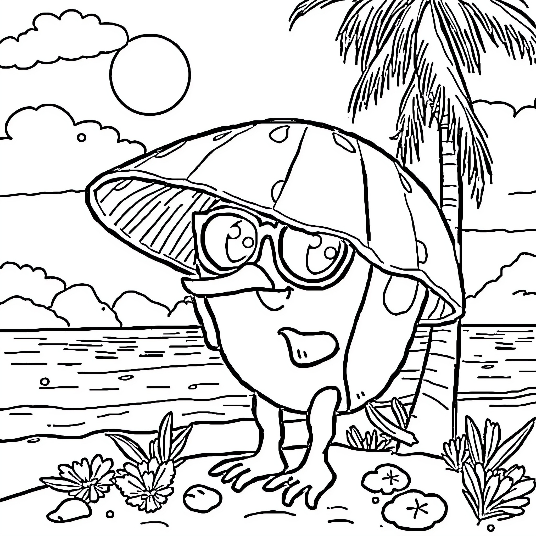 Labubu's Tropical Beach Adventure Coloring Page (free black-and-white line drawing printable PDF for all, from beginners to advanced learners, including children, teens, adults, and seniors)