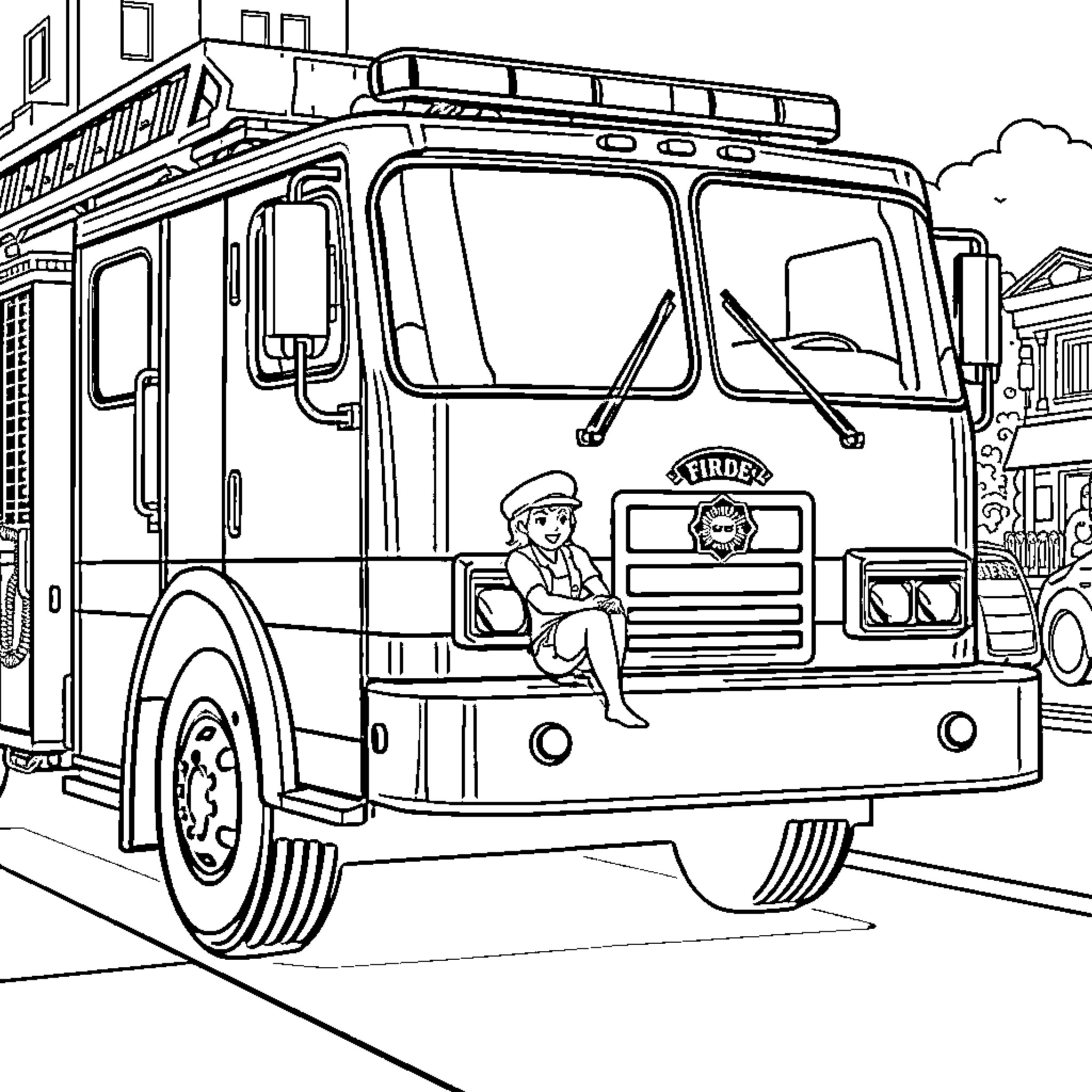 Fire Truck on the Street with Worker Coloring Page (free black-and-white line drawing printable PDF for all, from beginners to advanced learners, including children, teens, adults, and seniors)