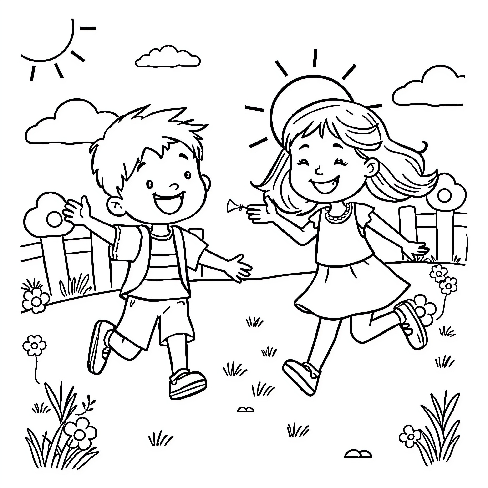 Child playing happily in the park Coloring Page (free black-and-white line drawing printable PDF for all, from beginners to advanced learners, including children, teens, adults, and seniors)