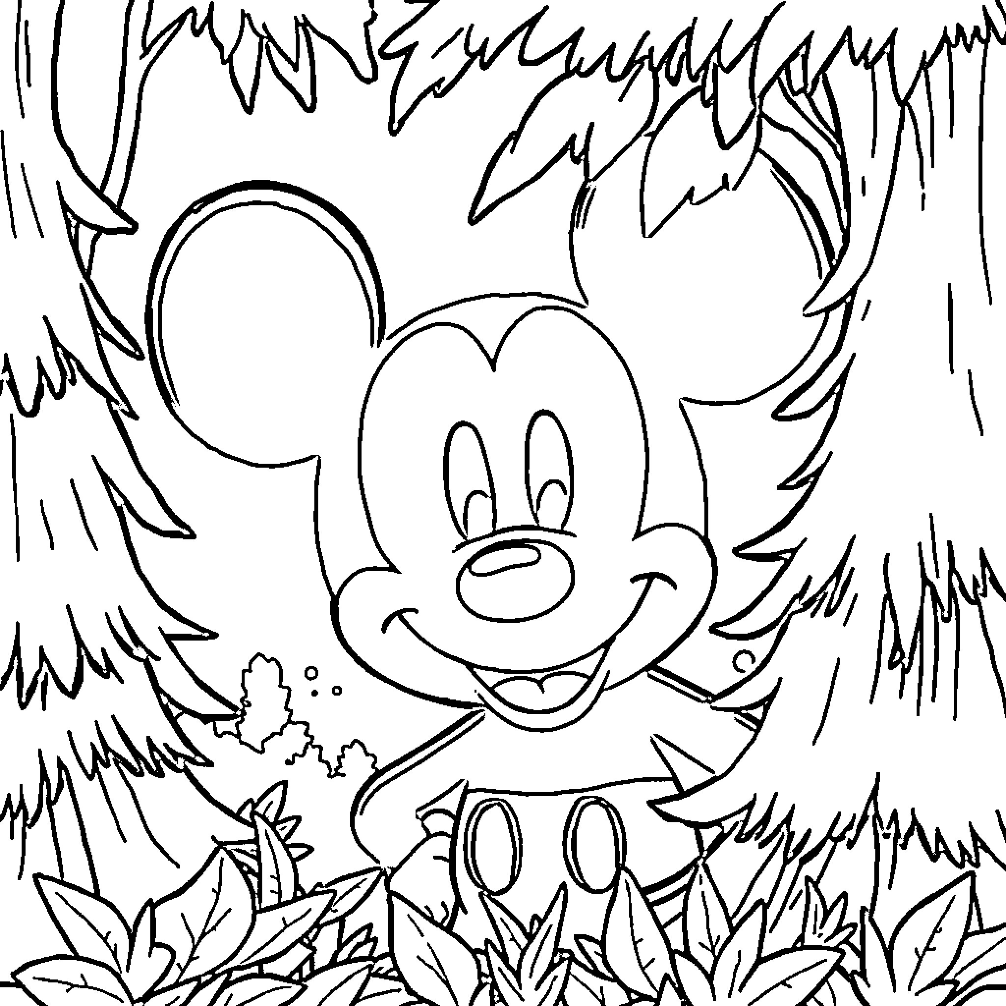 Mickey Exploring the Enchanted Forest Coloring Page (free black-and-white line drawing printable PDF for all, from beginners to advanced learners, including children, teens, adults, and seniors)