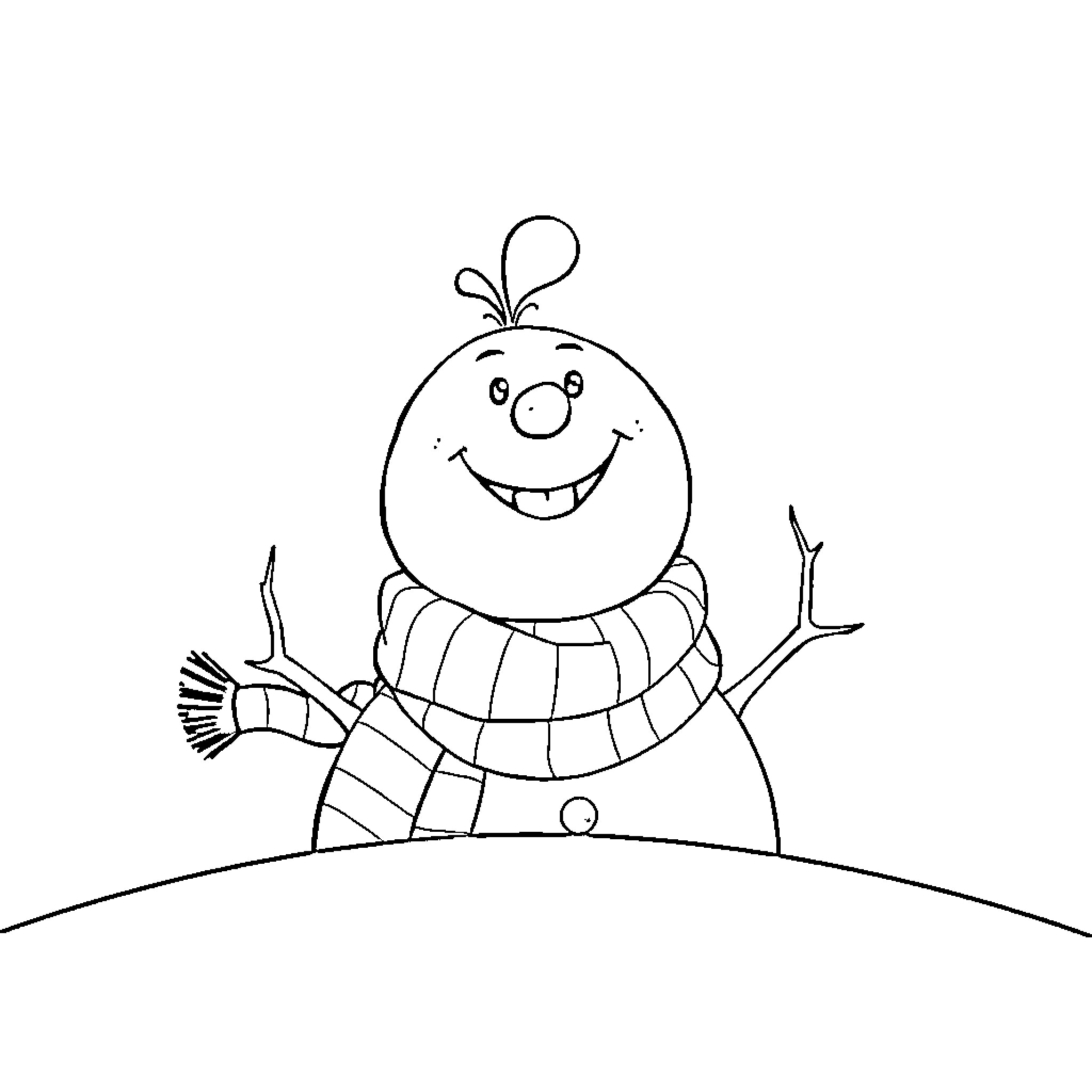 Snowman waving happily in winter landscape Coloring Page (free black-and-white line drawing printable PDF for all, from beginners to advanced learners, including children, teens, adults, and seniors)