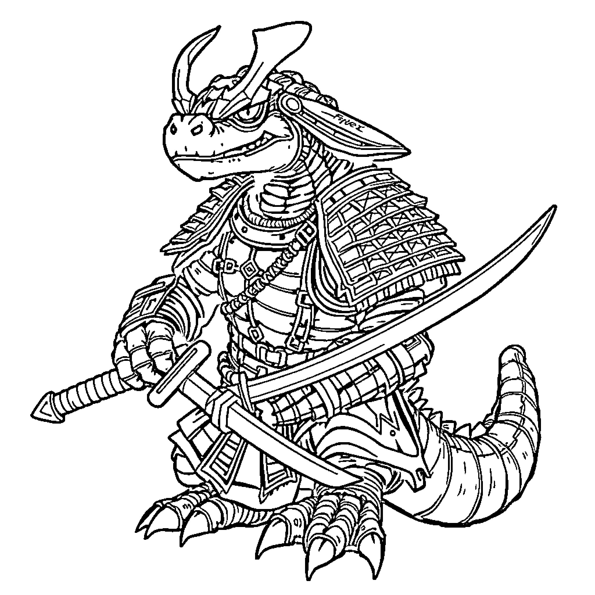 Samurai Dragon Warrior Wielding Sword Coloring Page (free black-and-white line drawing printable PDF for all, from beginners to advanced learners, including children, teens, adults, and seniors)