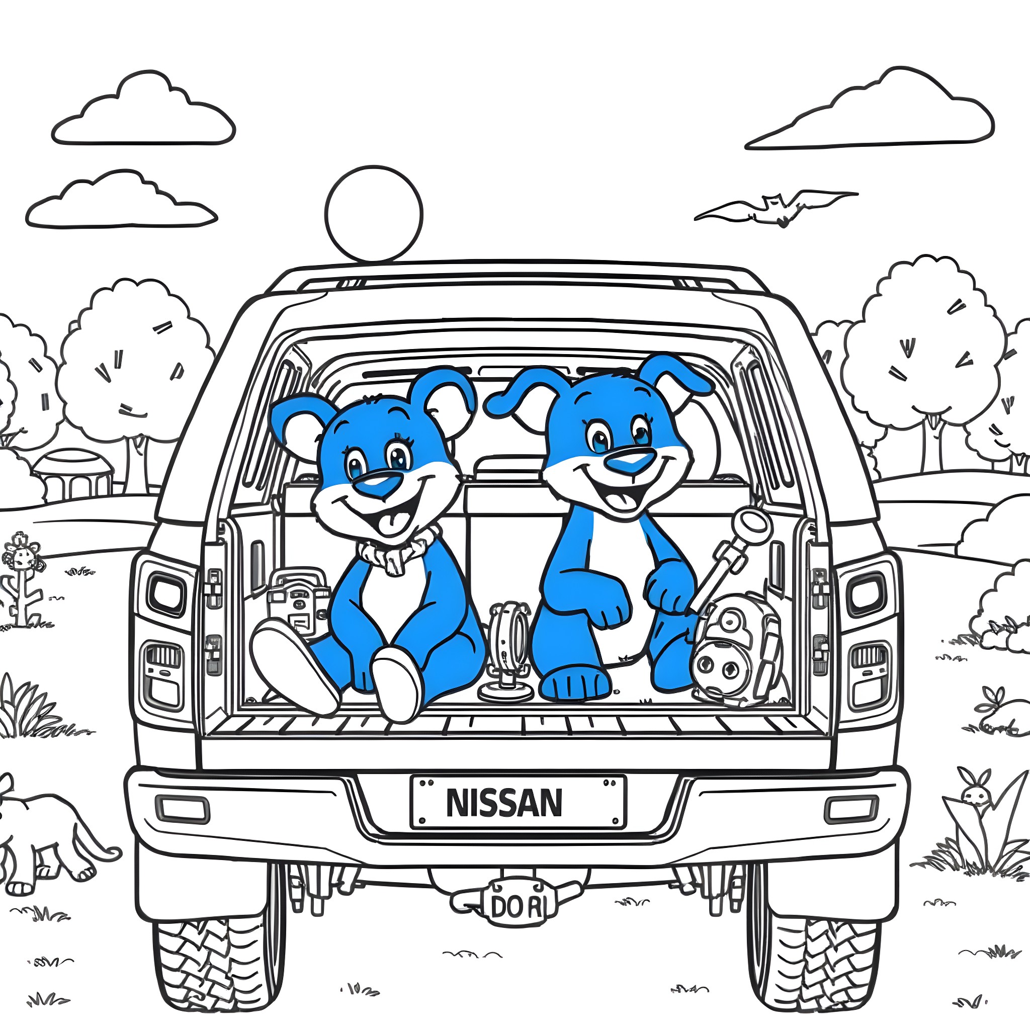 Bluey and friend enjoying outdoor adventure in a Nissan Coloring Page (free black-and-white line drawing printable PDF for all, from beginners to advanced learners, including children, teens, adults, and seniors)
