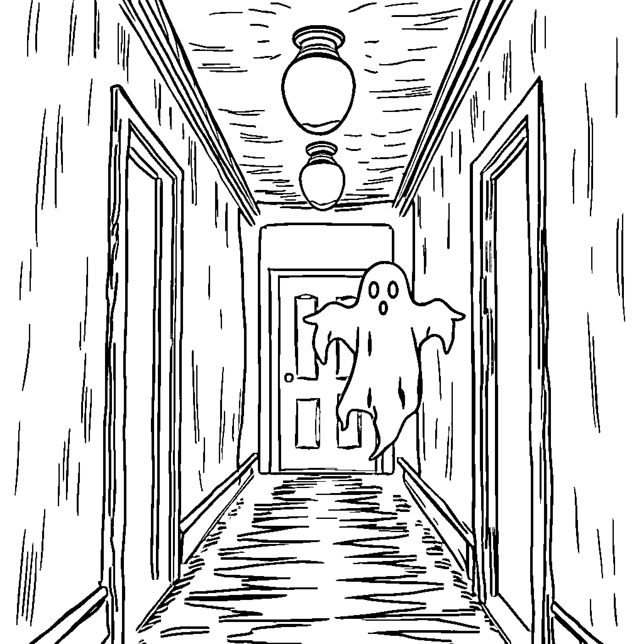 Ghost Haunting a Spooky Hallway Coloring Page (free black-and-white line drawing printable PDF for all, from beginners to advanced learners, including children, teens, adults, and seniors)