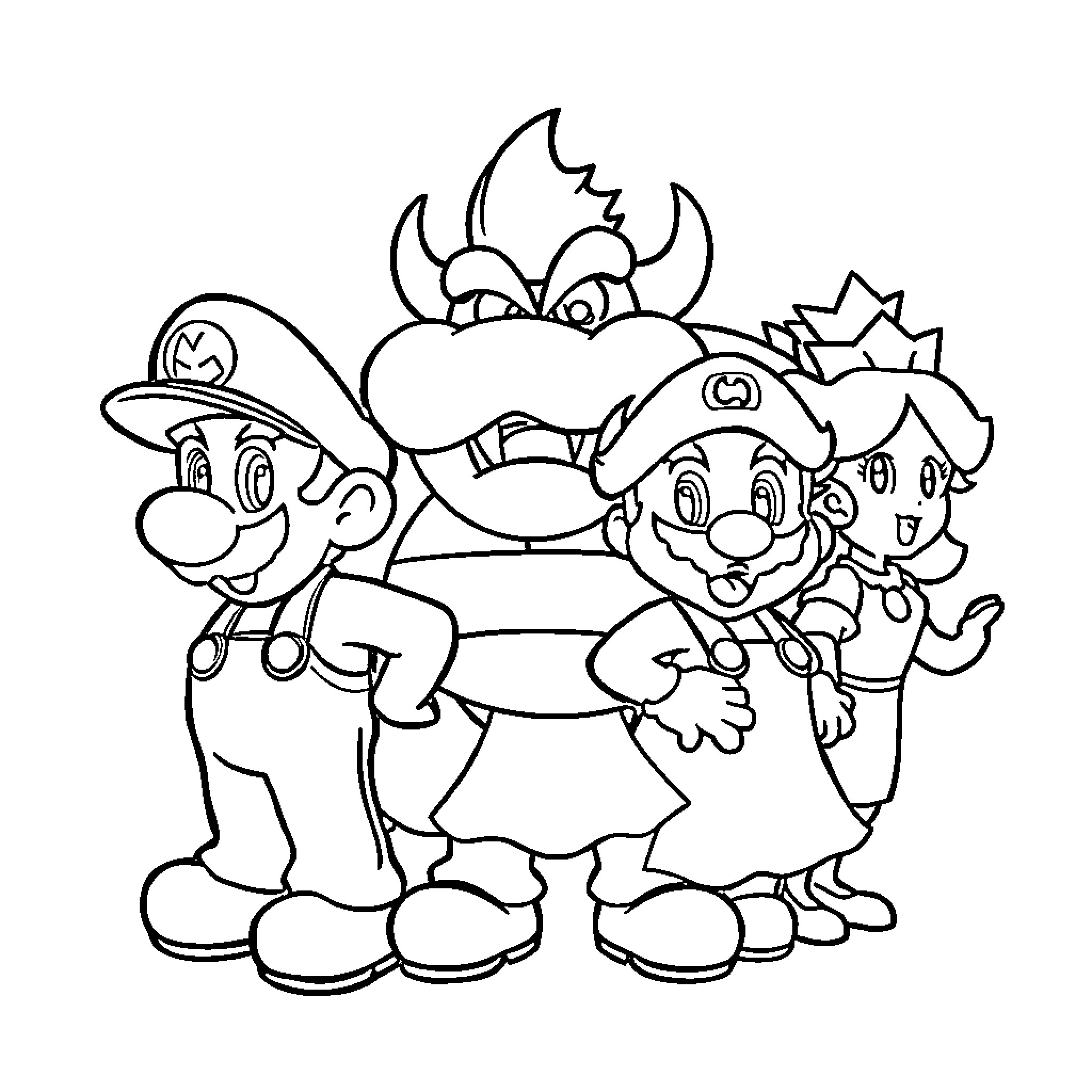Mario Character Trio in Comical Poses Coloring Page (free black-and-white line drawing printable PDF for all, from beginners to advanced learners, including children, teens, adults, and seniors)