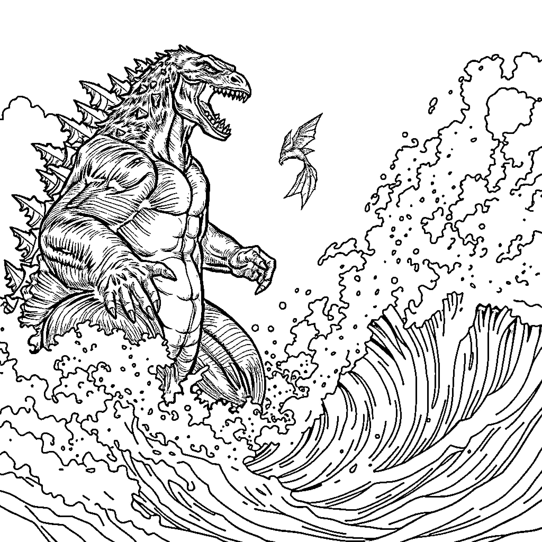Godzilla stomping through raging waves and stormy skies Coloring Page (free black-and-white line drawing printable PDF for all, from beginners to advanced learners, including children, teens, adults, and seniors)