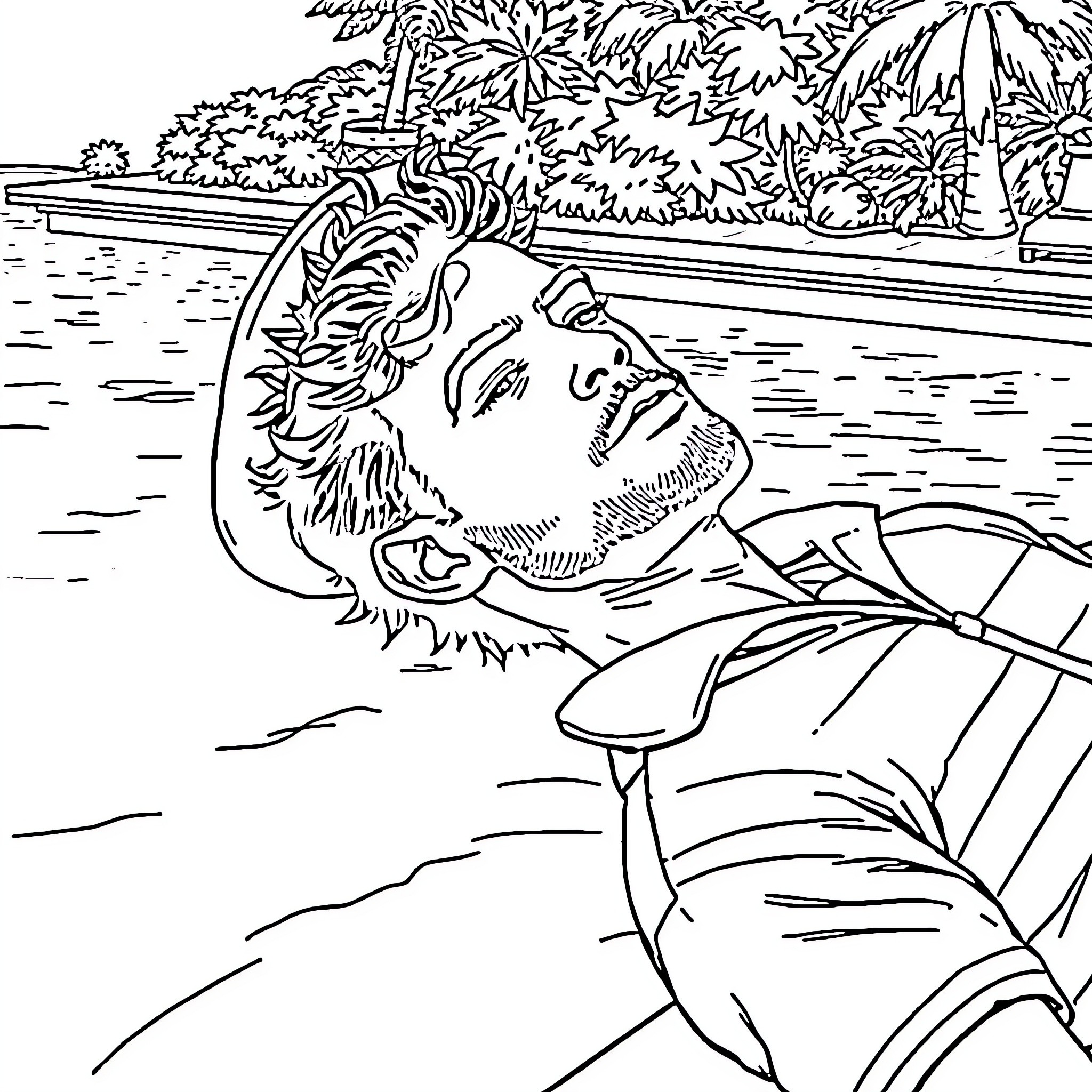 Sailor relaxing peacefully by the shore Coloring Page (free black-and-white line drawing printable PDF for all, from beginners to advanced learners, including children, teens, adults, and seniors)