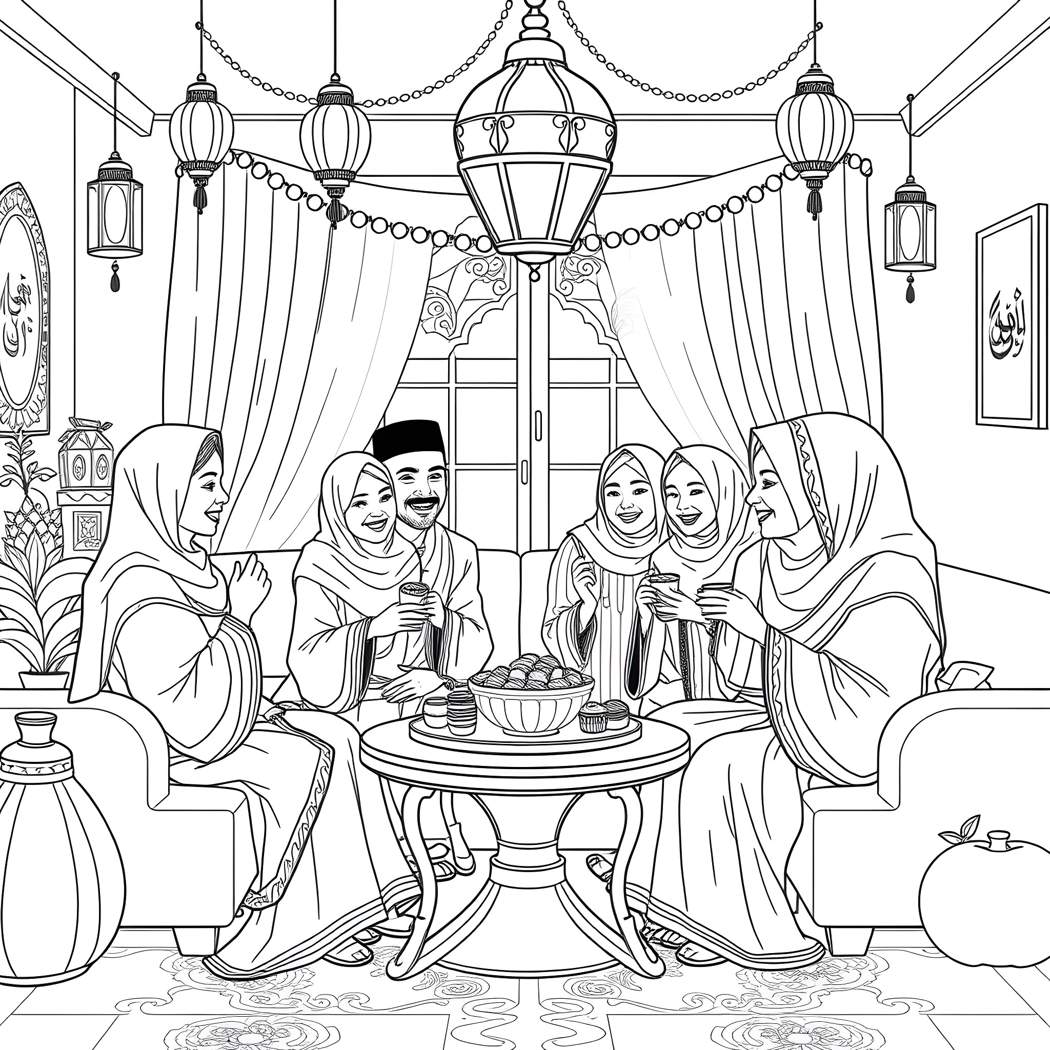 Muslim Family Gathering and Sharing Meal in Cozy Home Coloring Page (free black-and-white line drawing printable PDF for all, from beginners to advanced learners, including children, teens, adults, and seniors)
