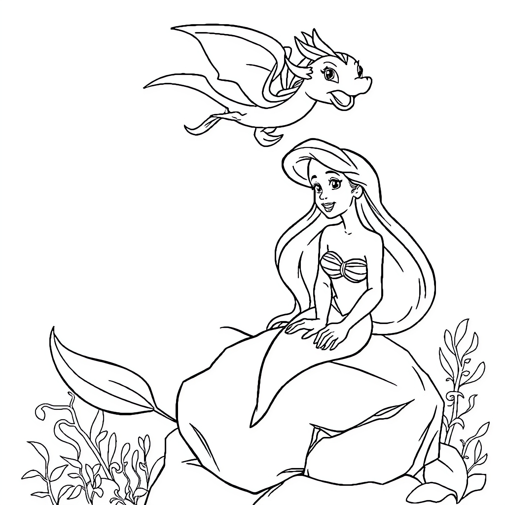 Ariel exploring the underwater world with her companion Coloring Page (free black-and-white line drawing printable PDF for all, from beginners to advanced learners, including children, teens, adults, and seniors)