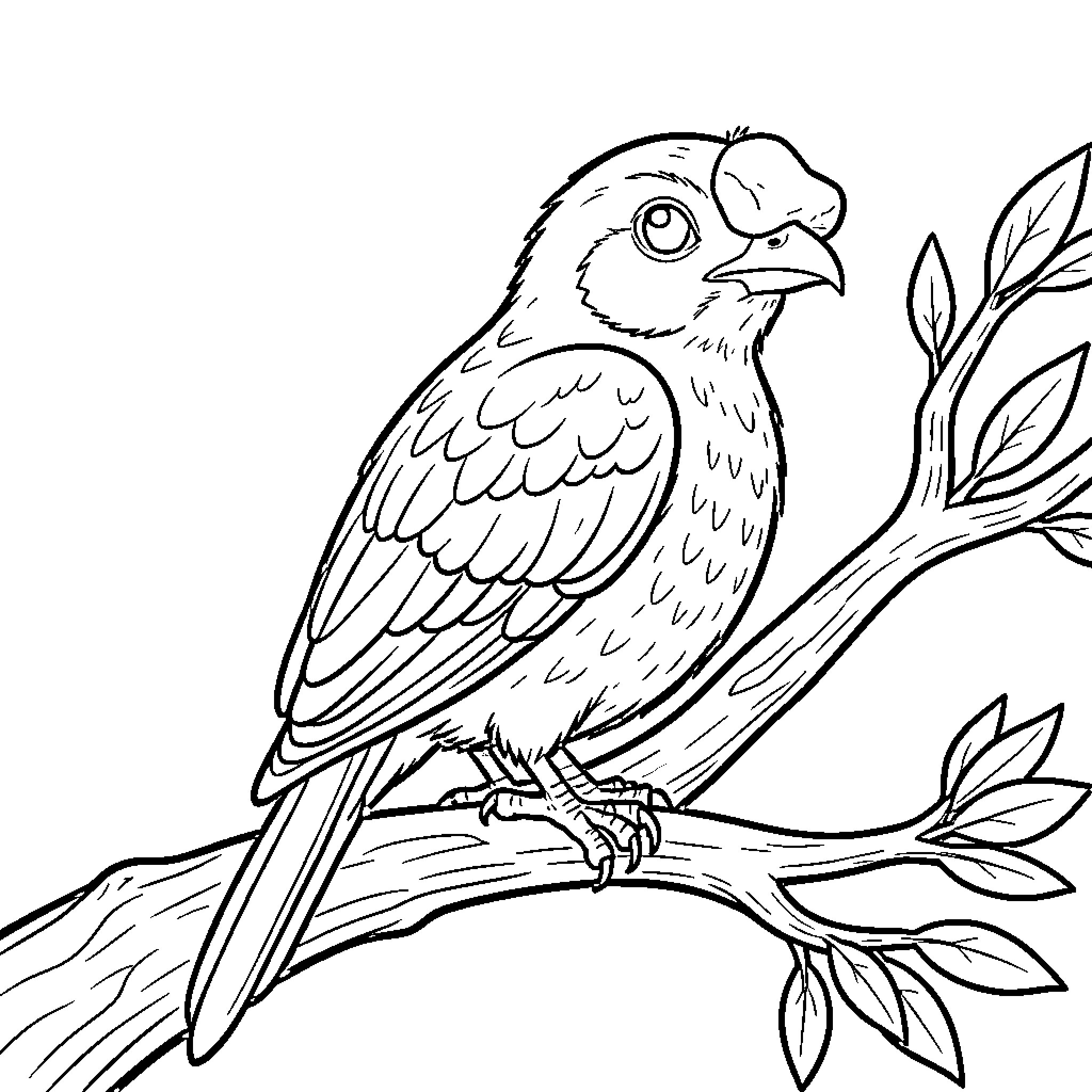 Gallito de las Rocas perched on a tree branch Coloring Page (free black-and-white line drawing printable PDF for all, from beginners to advanced learners, including children, teens, adults, and seniors)