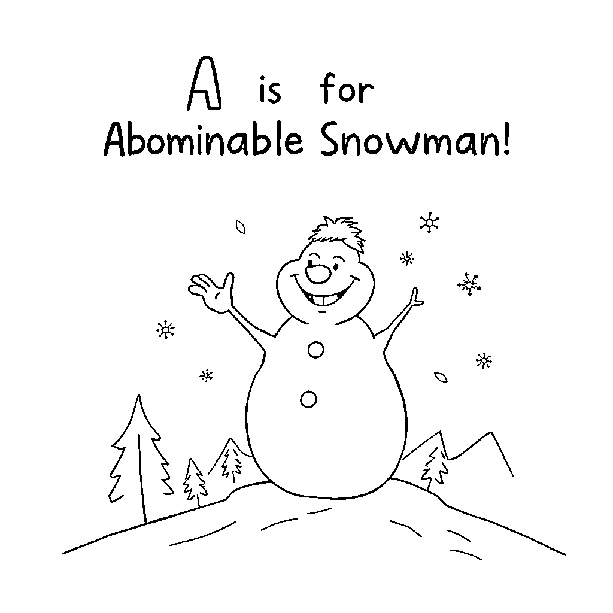 Abominable Snowman delighted in the winter wonderland Coloring Page (free black-and-white line drawing printable PDF for all, from beginners to advanced learners, including children, teens, adults, and seniors)