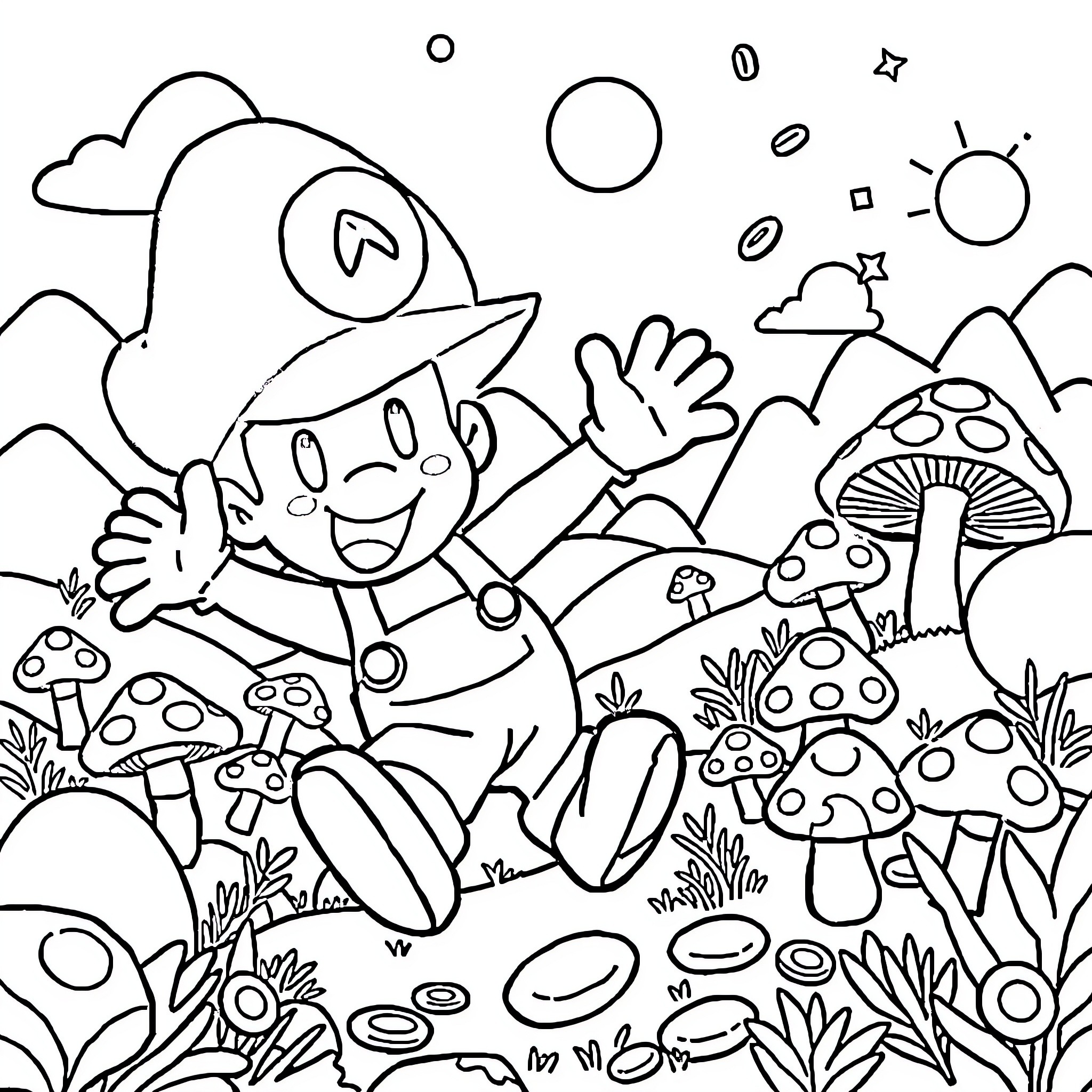 Matio's Whimsical Adventure in the Mushroom Forest Coloring Page (free black-and-white line drawing printable PDF for all, from beginners to advanced learners, including children, teens, adults, and seniors)